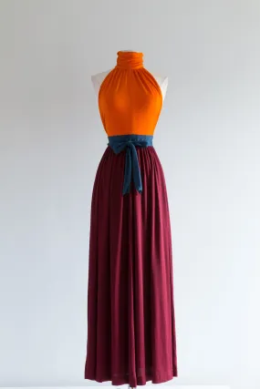 1970's SATSUMA Color Blocked Evening Gown By Pappagallo / Small