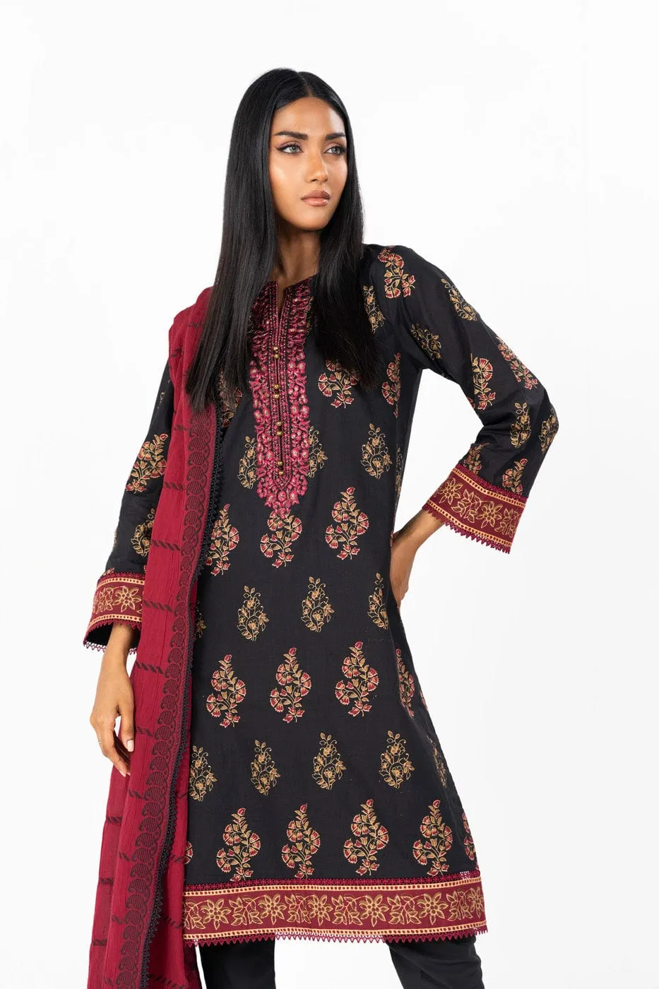 3 Pc Printed Embroidered Lawn Suit With Dyed Jacquard Dupatta