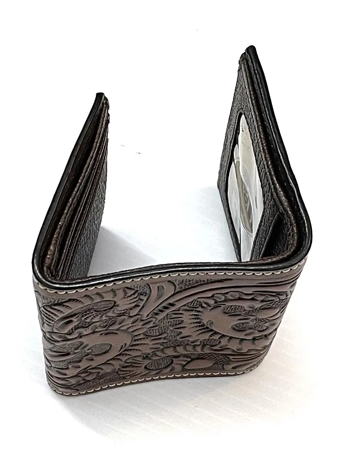 3D D250001702 Mens Trifold Floral Acorn Tooled Brown