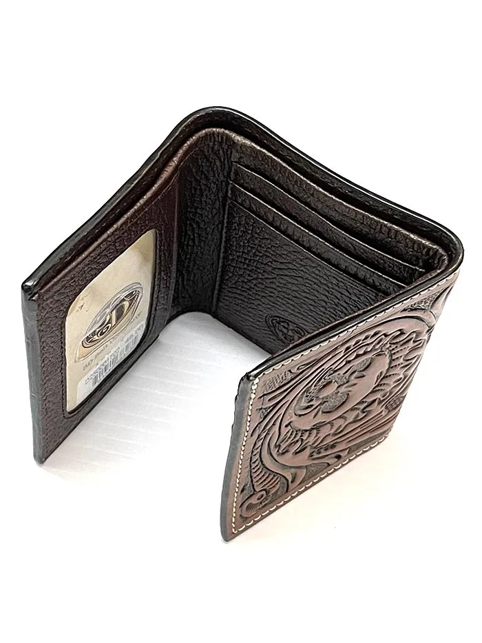 3D D250001702 Mens Trifold Floral Acorn Tooled Brown