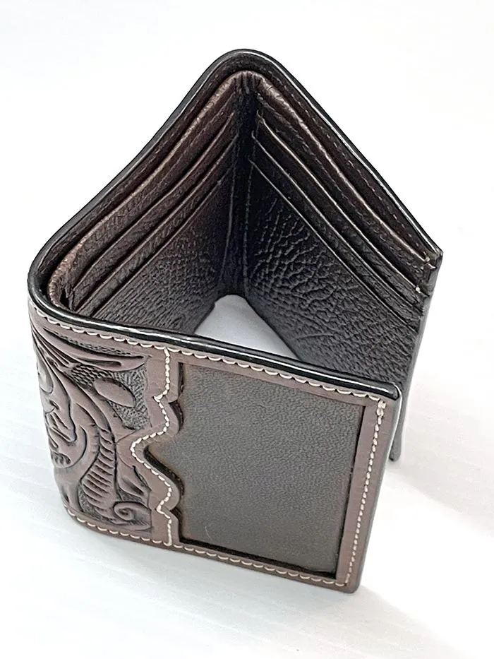 3D D250001702 Mens Trifold Floral Acorn Tooled Brown