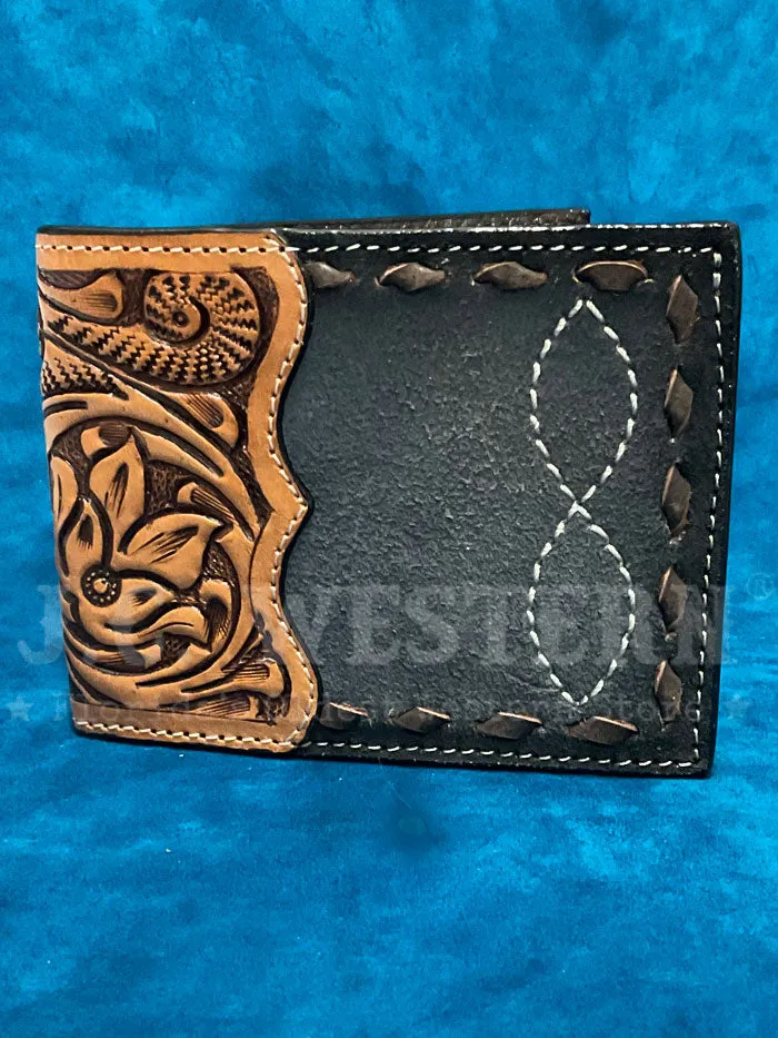 3D D2500124107 Mens Floral Hand Tooled Buck Lace Bifold Wallet Tan