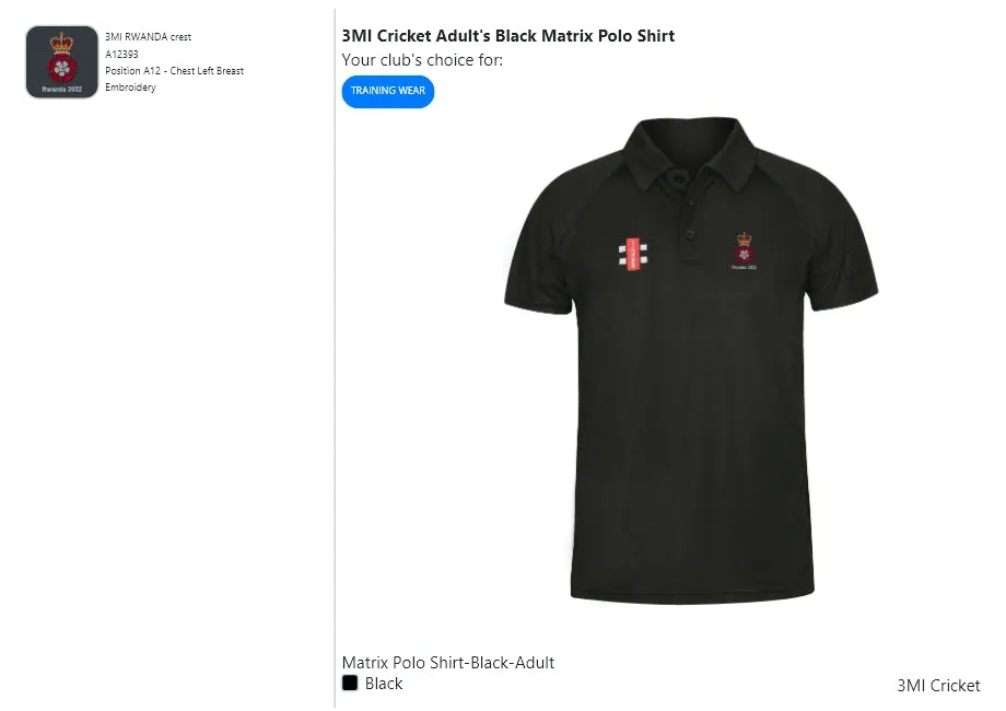 3MI Cricket Adult's Black Matrix Polo Shirt