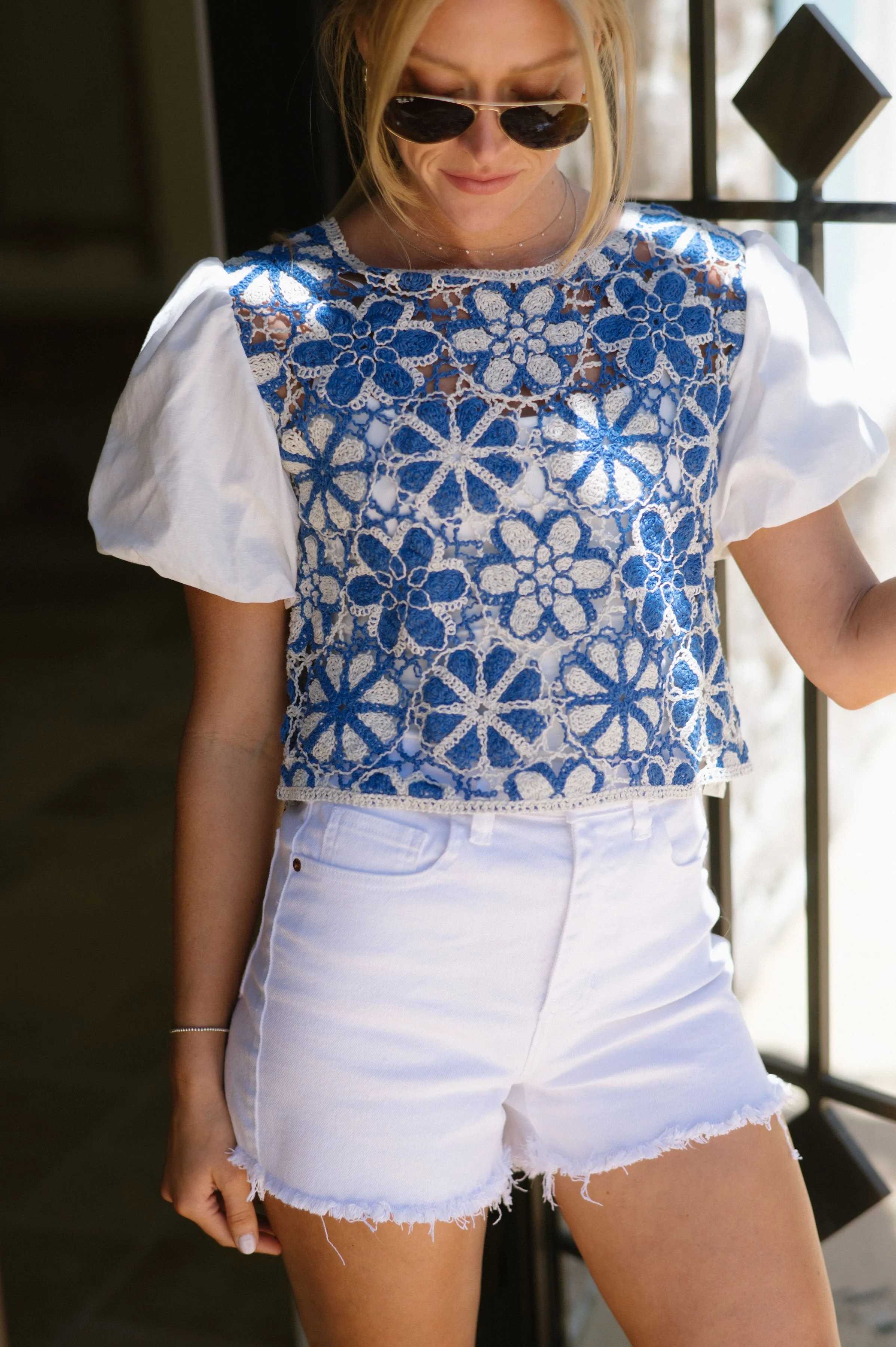 Alexis Crochet Top-White/Blue
