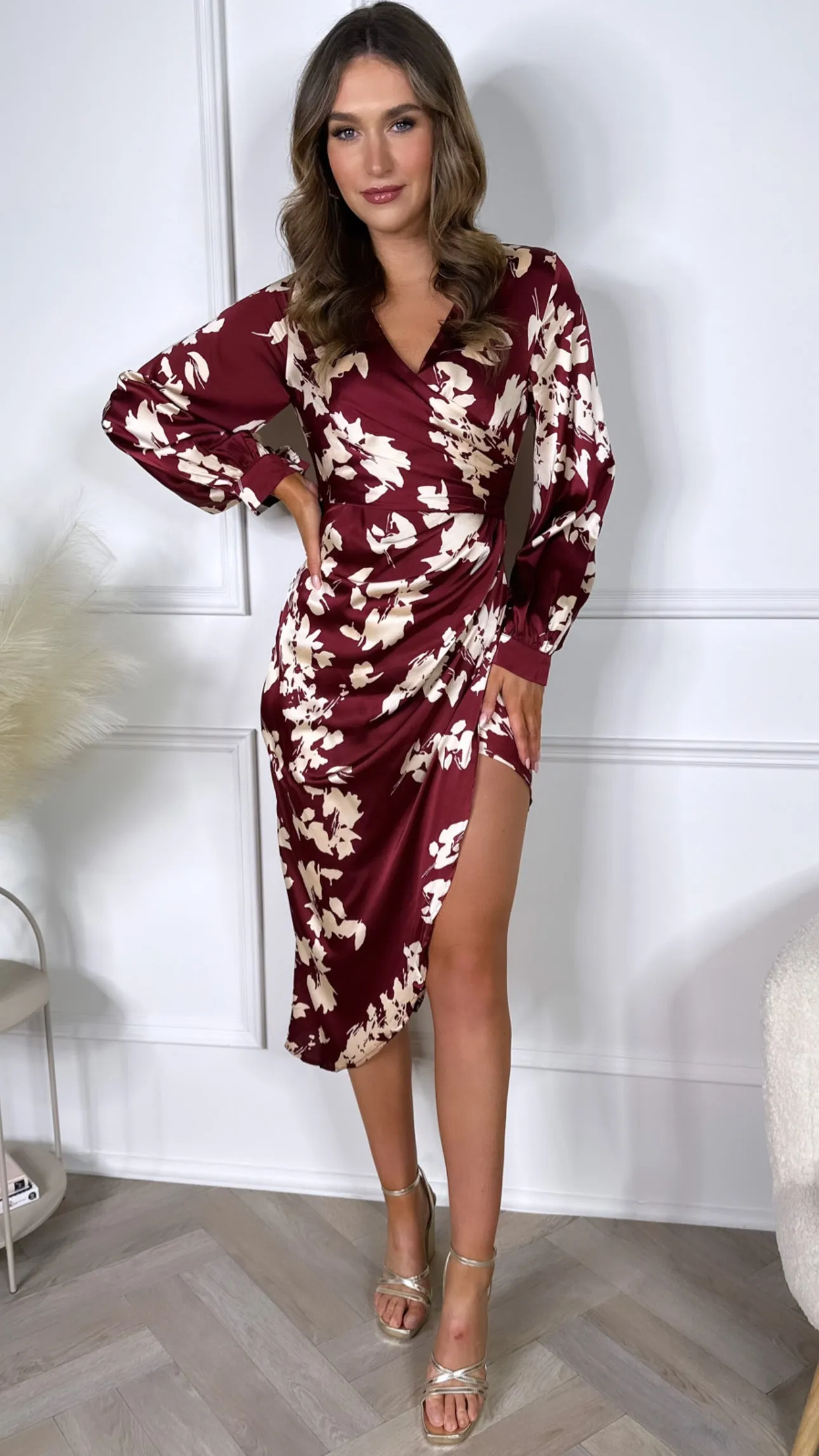 Amara Burgundy Floral Long Sleeve Wrap Asymmetric Dress