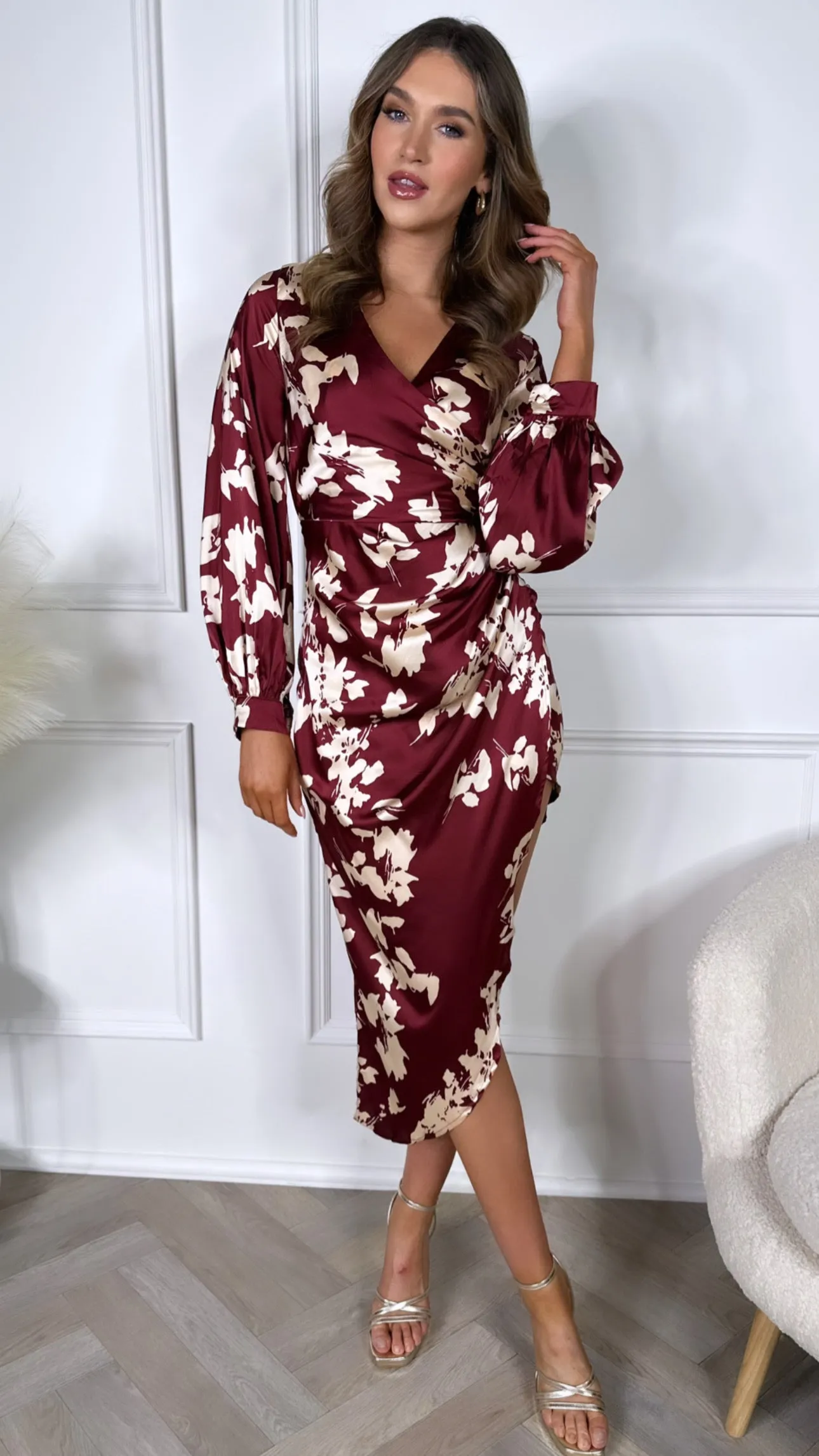 Amara Burgundy Floral Long Sleeve Wrap Asymmetric Dress
