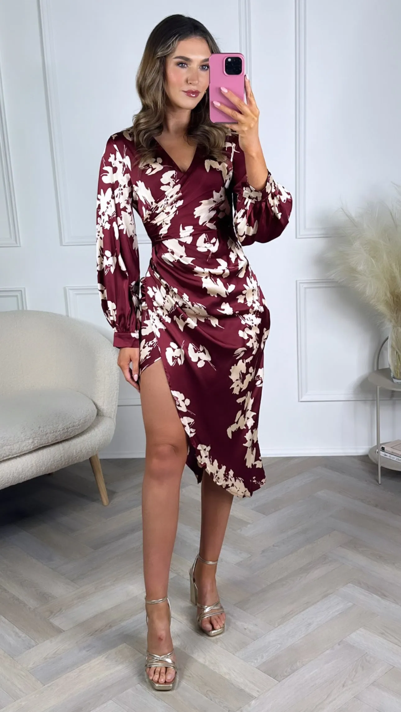 Amara Burgundy Floral Long Sleeve Wrap Asymmetric Dress