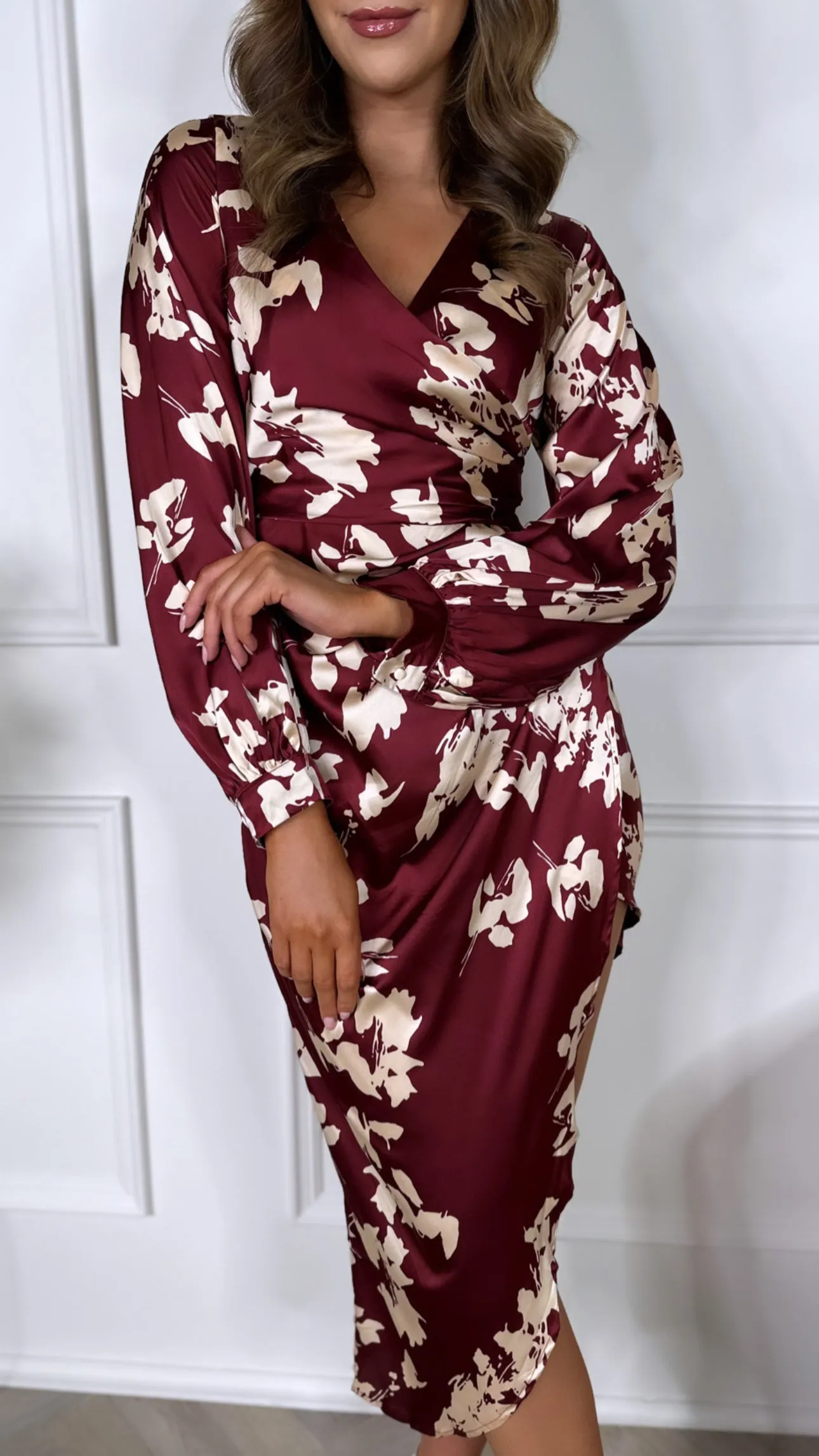 Amara Burgundy Floral Long Sleeve Wrap Asymmetric Dress