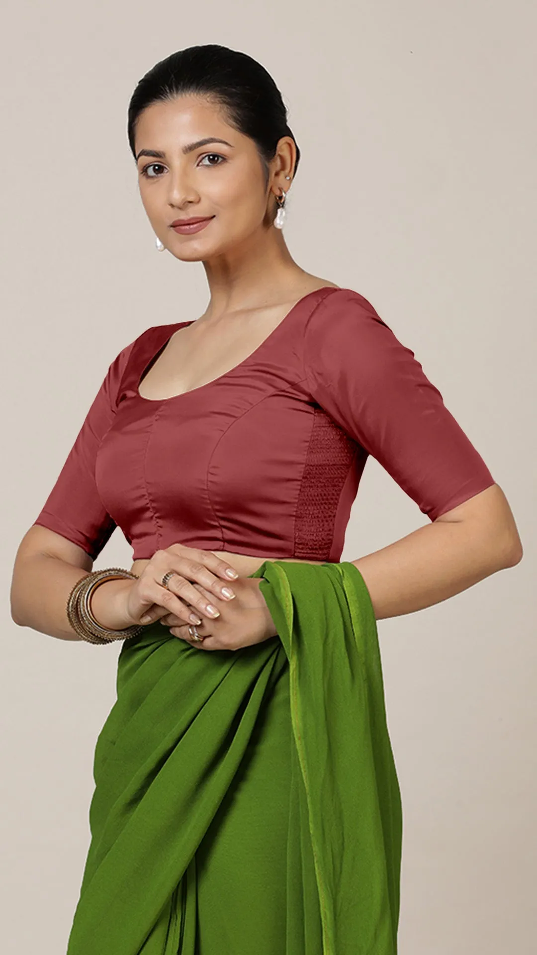 Anisha x Rozaana | Elbow Sleeves Saree Blouse in Auburn Red