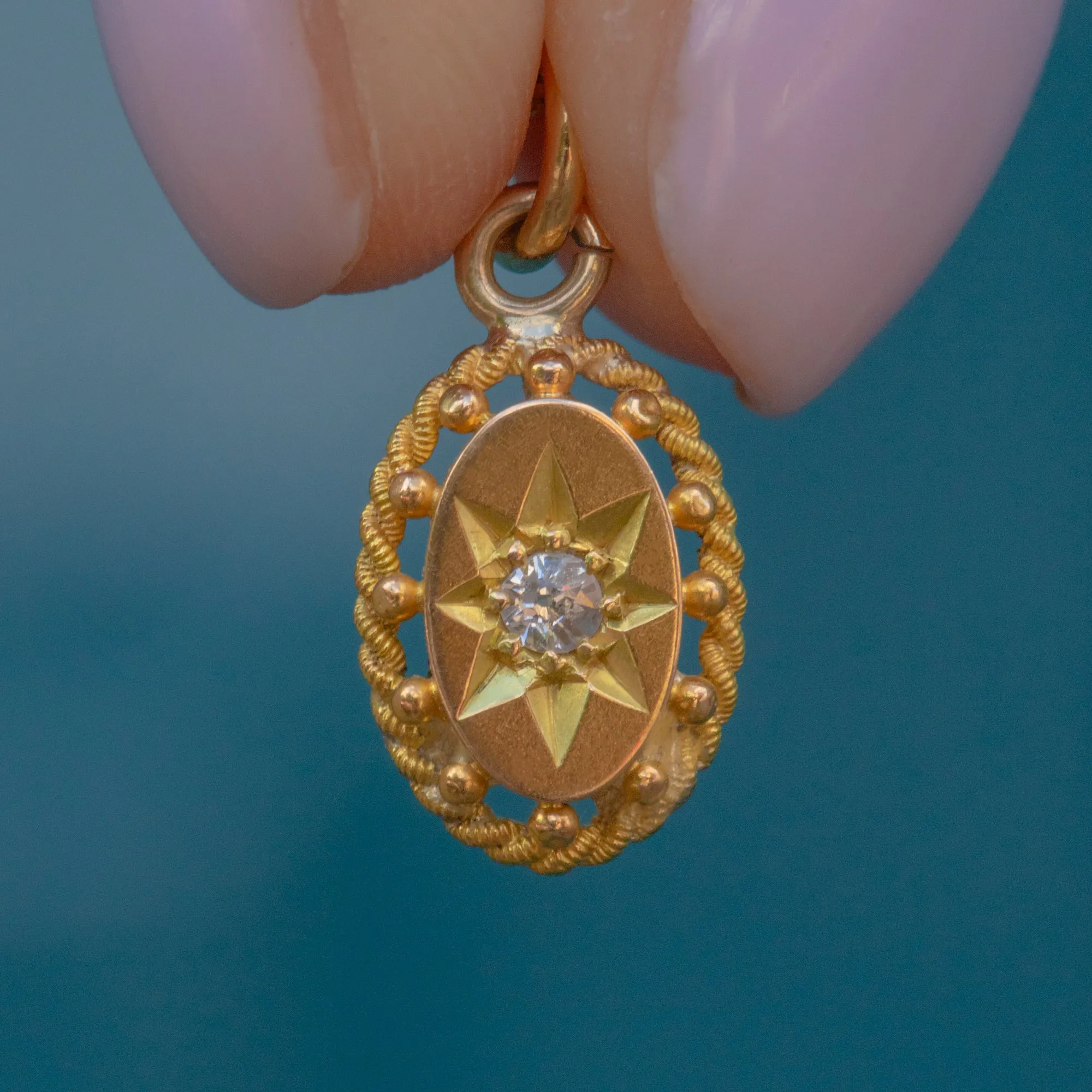 Antique 15ct Gold Diamond Star-Set Oval Charm