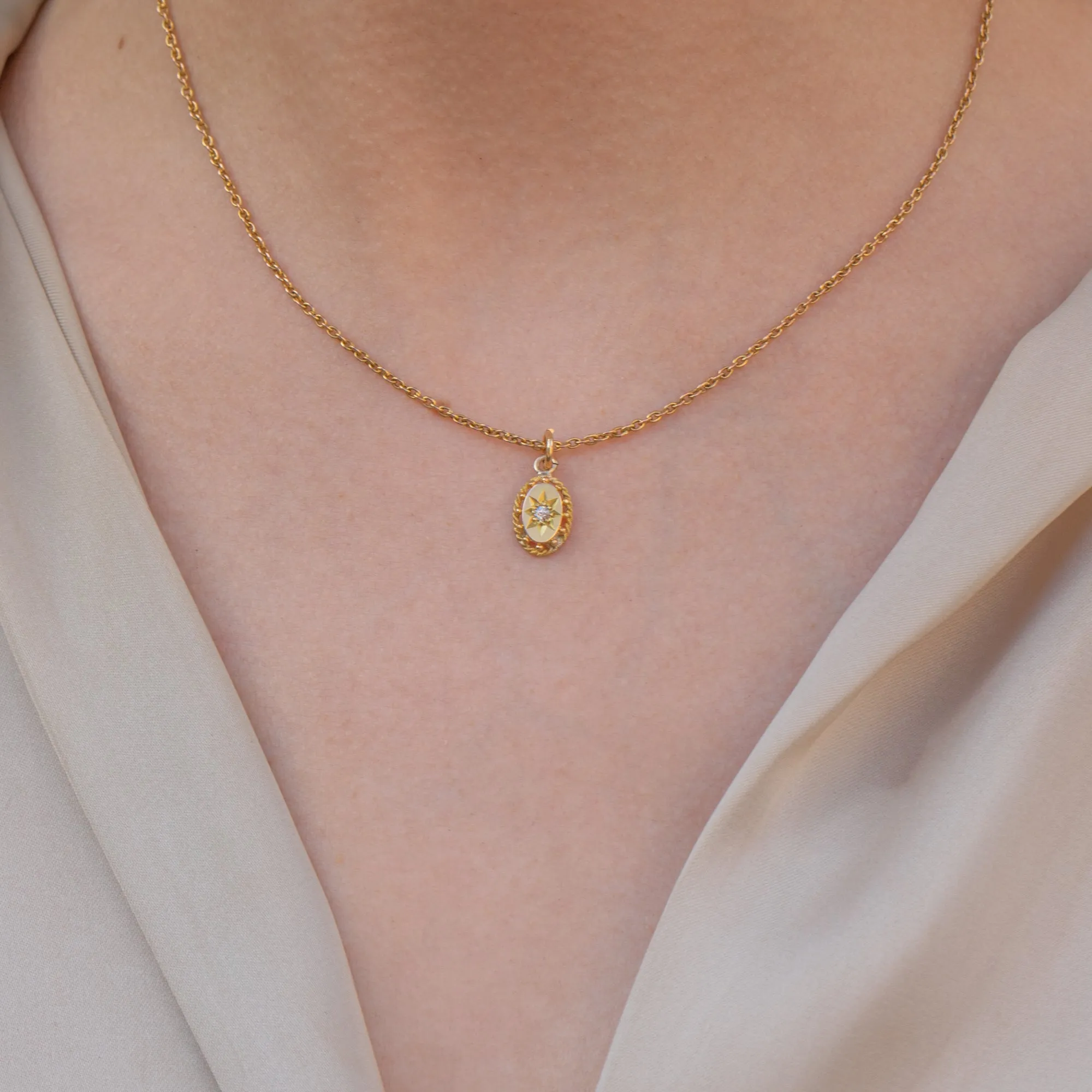 Antique 15ct Gold Diamond Star-Set Oval Charm