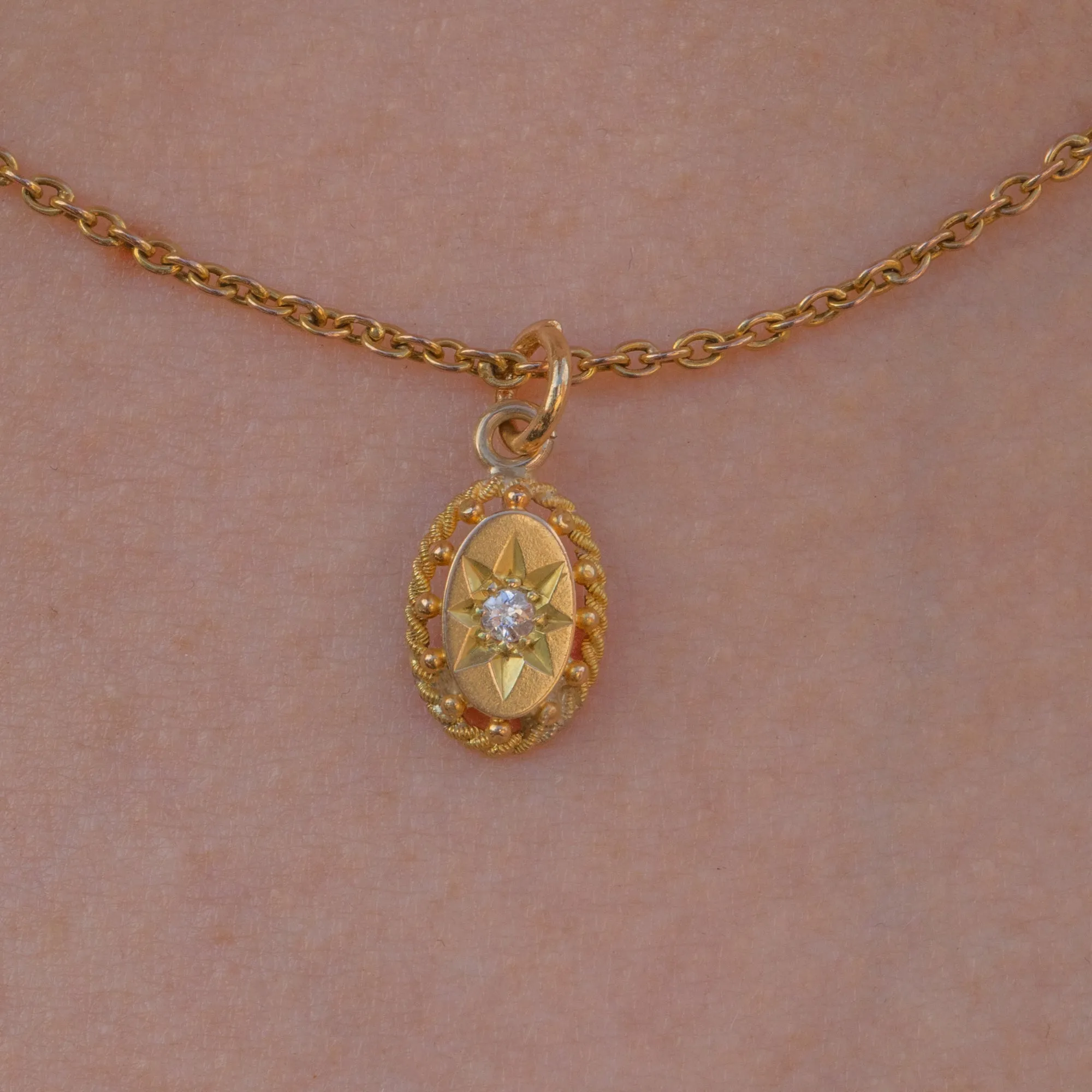 Antique 15ct Gold Diamond Star-Set Oval Charm