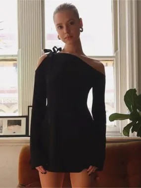 Asymmetric Lace Up Black Mini Dresses 2023 Autumn Women Elegant Off Shoulder Long Sleeves Dress French Style C85-BZ20