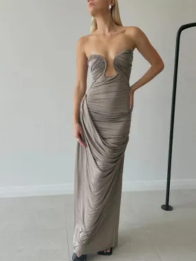 Asymmetric Ruched Strapless Maxi Dress for Women Summer 2024 Elegant Sexy Party Long Dresses Vacation Outfits C83-DH46
