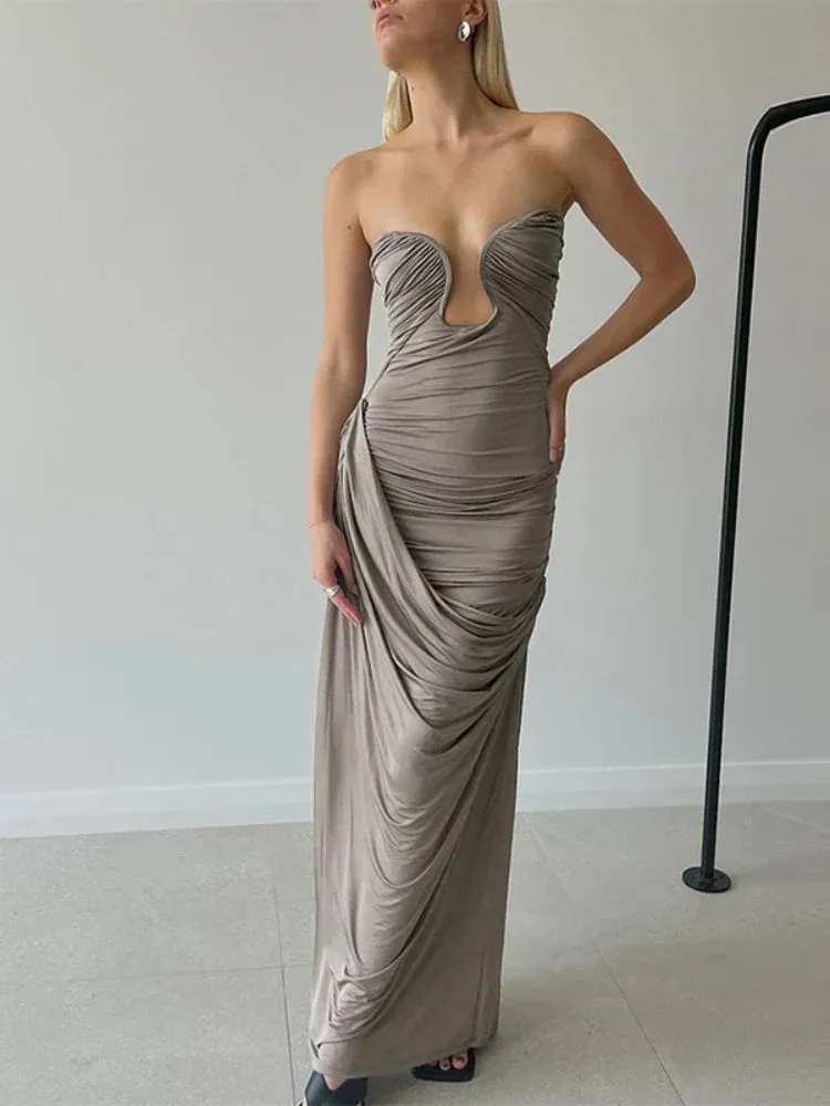 Asymmetric Ruched Strapless Maxi Dress for Women Summer 2024 Elegant Sexy Party Long Dresses Vacation Outfits C83-DH46