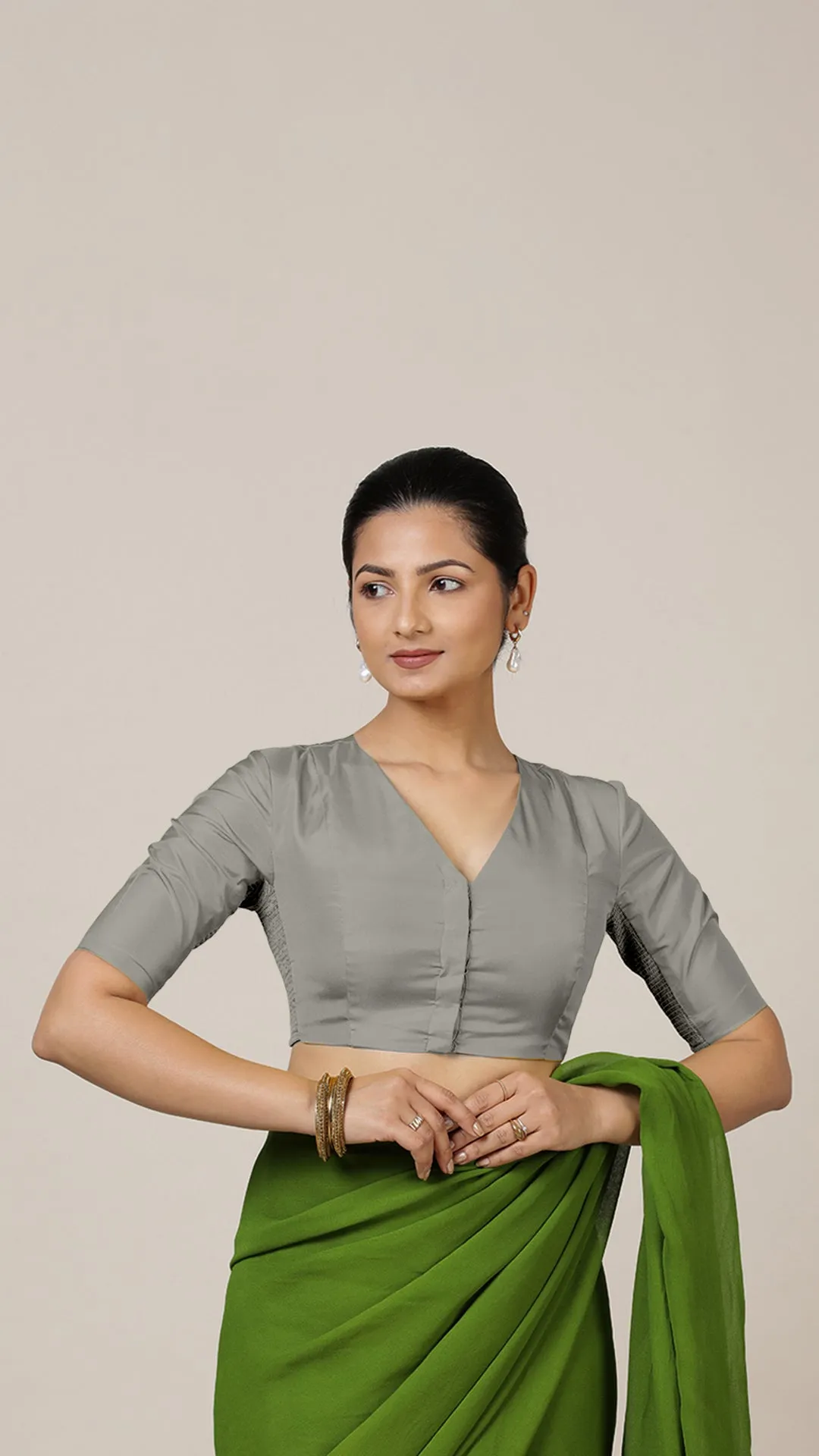 Begum x Rozaana | Elbow Sleeves Saree Blouse in Grey
