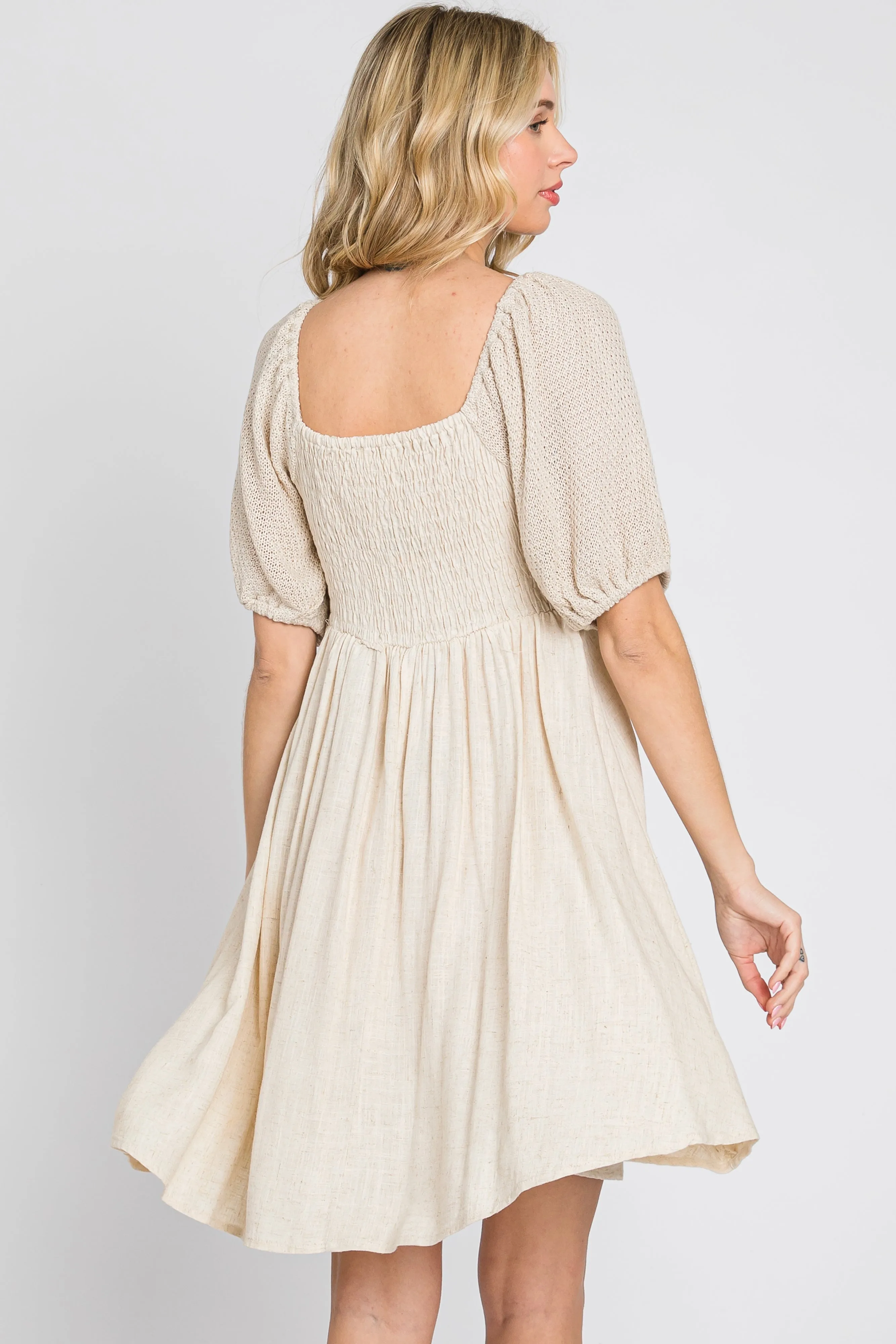 Beige Crochet Puff Sleeve Dress