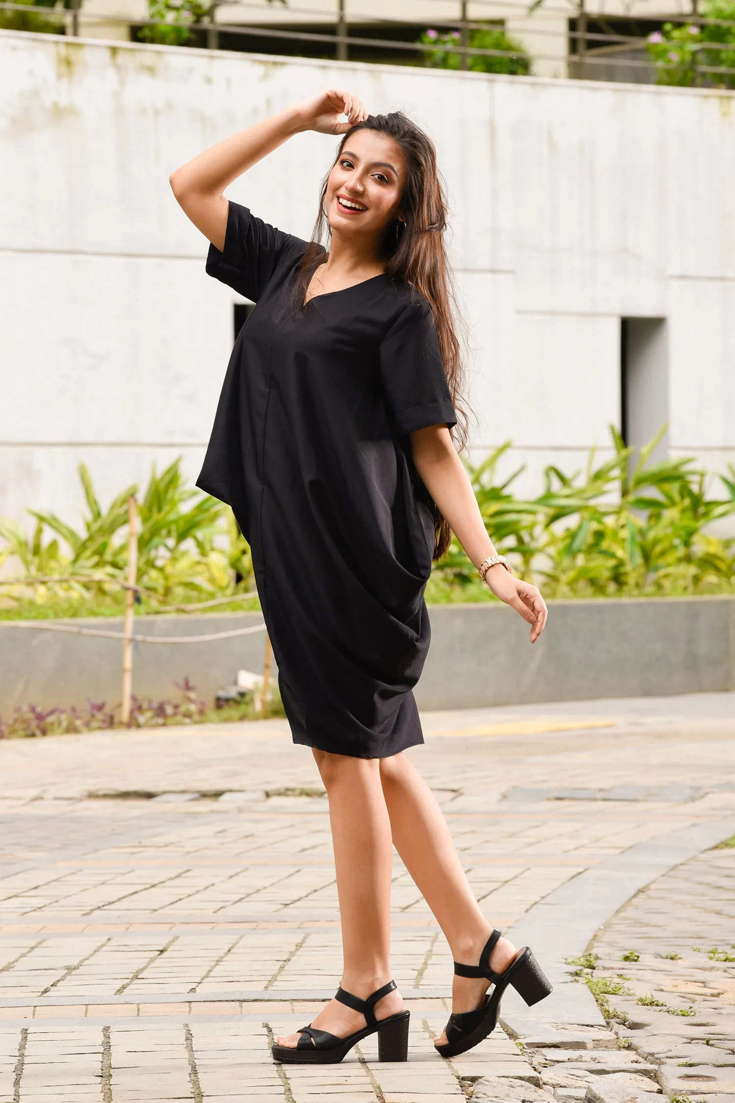 Black Both Side Cowl Dress