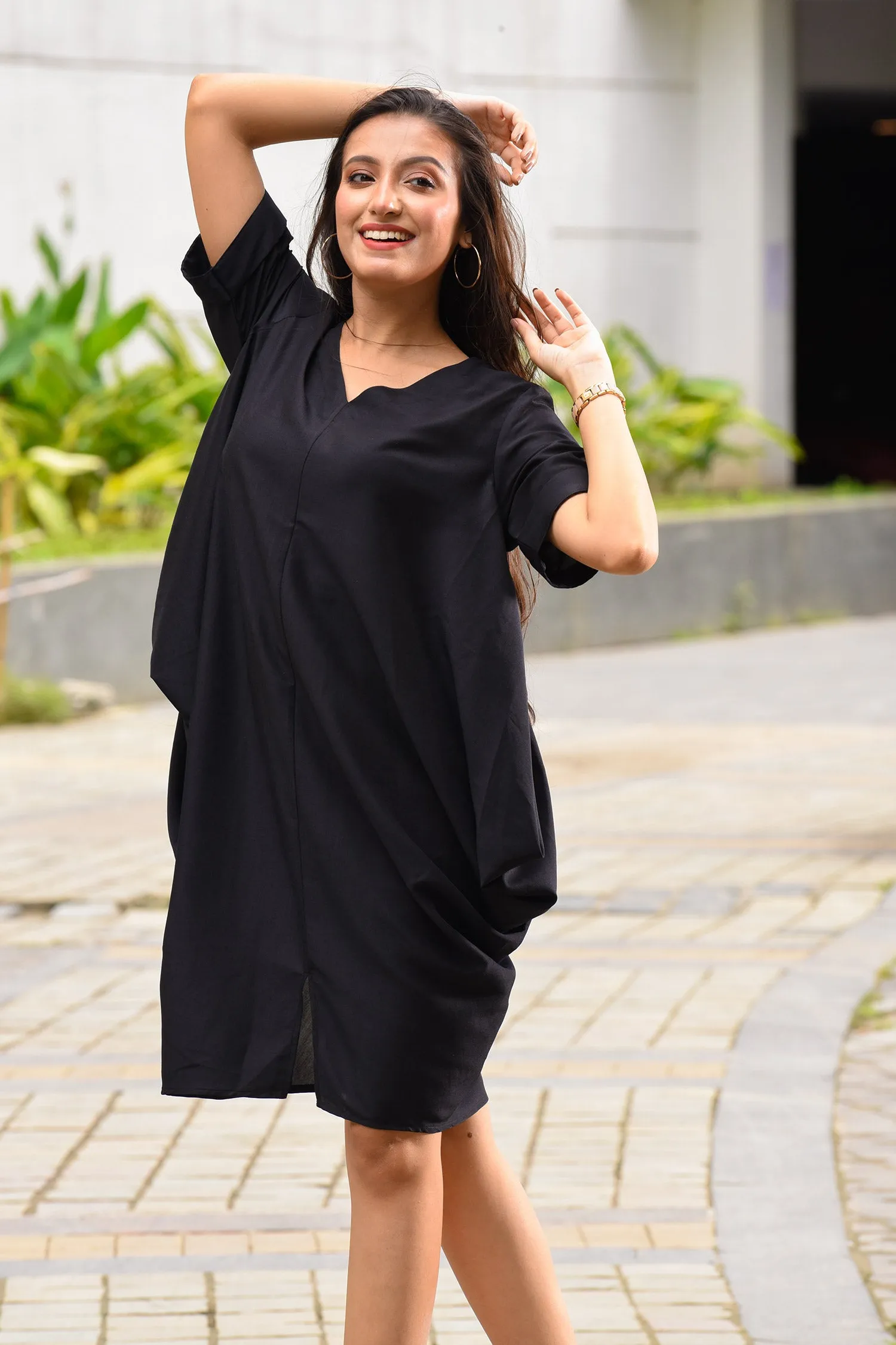 Black Both Side Cowl Dress
