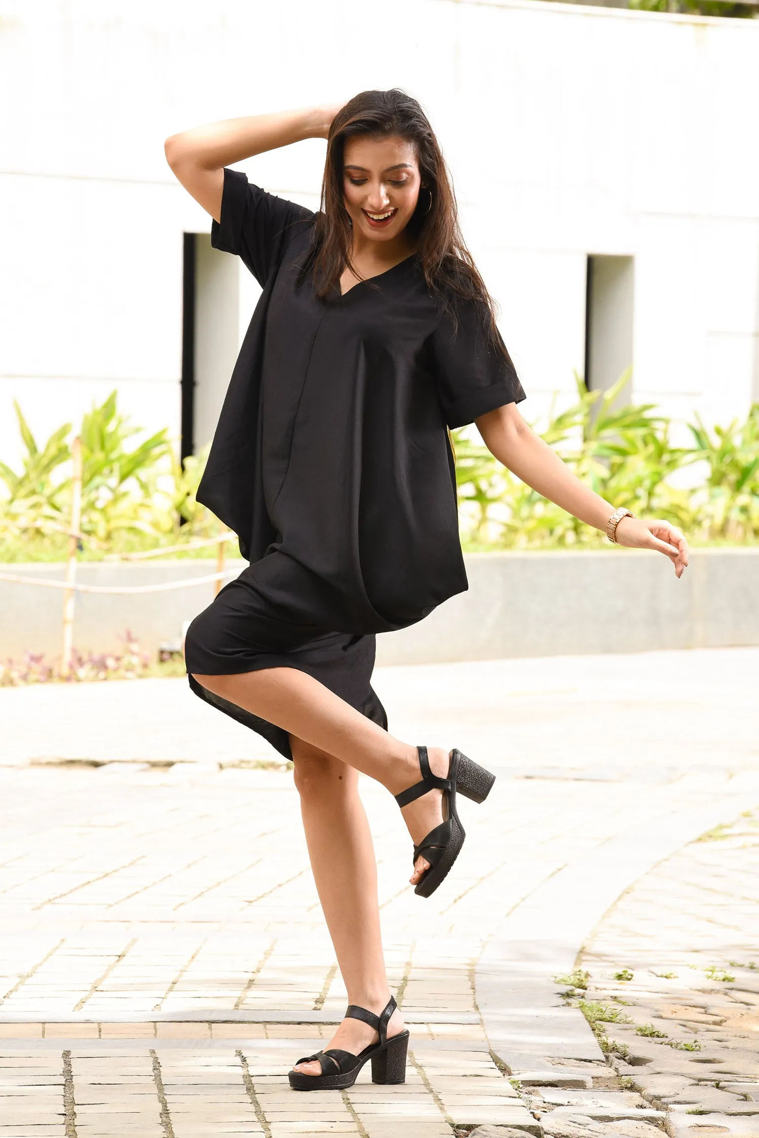 Black Both Side Cowl Dress