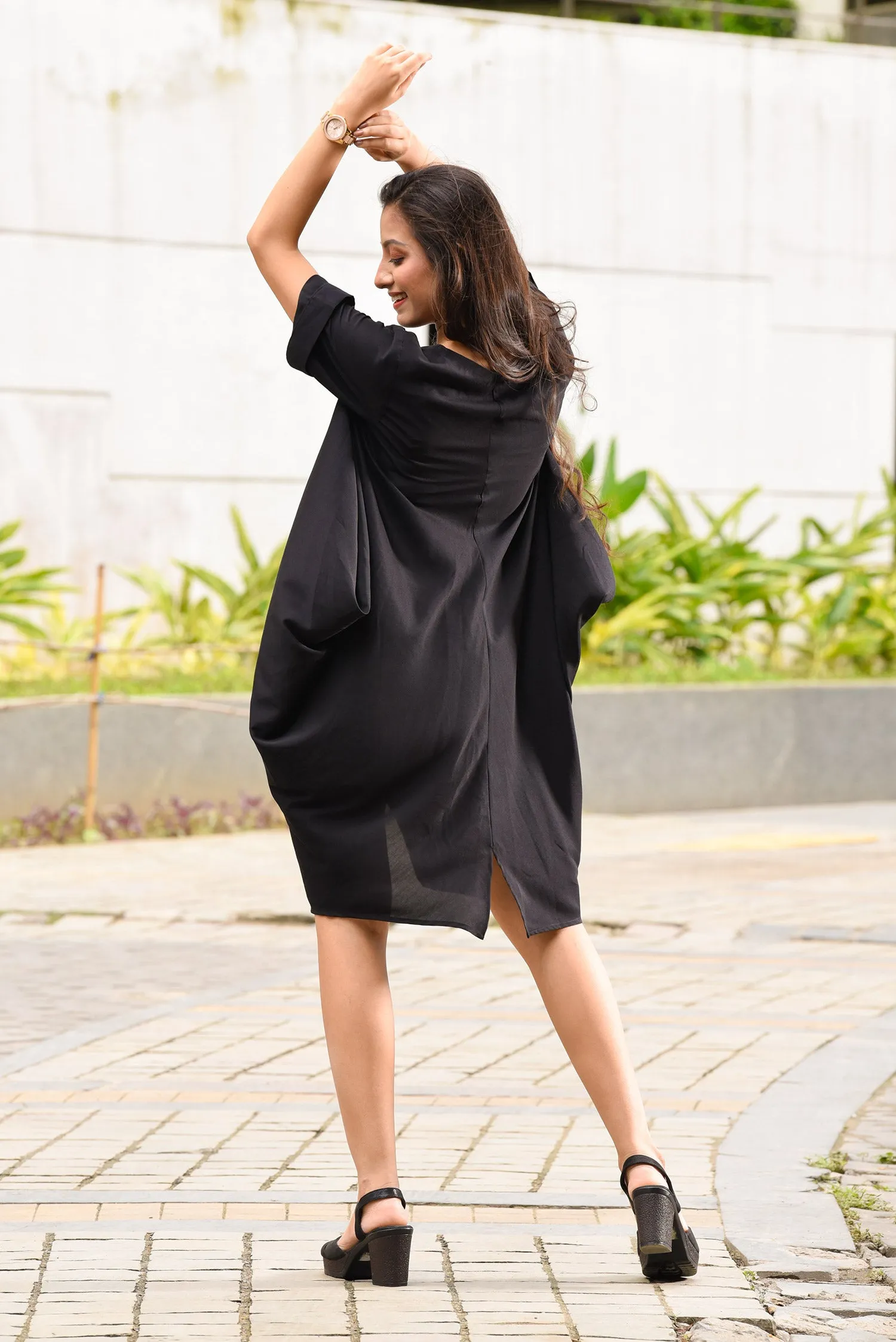 Black Both Side Cowl Dress