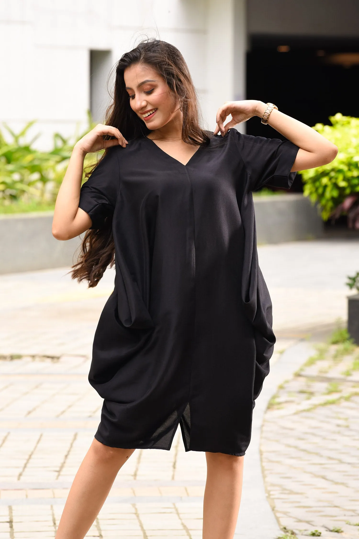 Black Both Side Cowl Dress