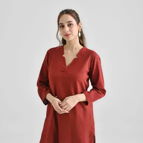 Brown Linen Cotton Kurta with Notch V Neckline Detail