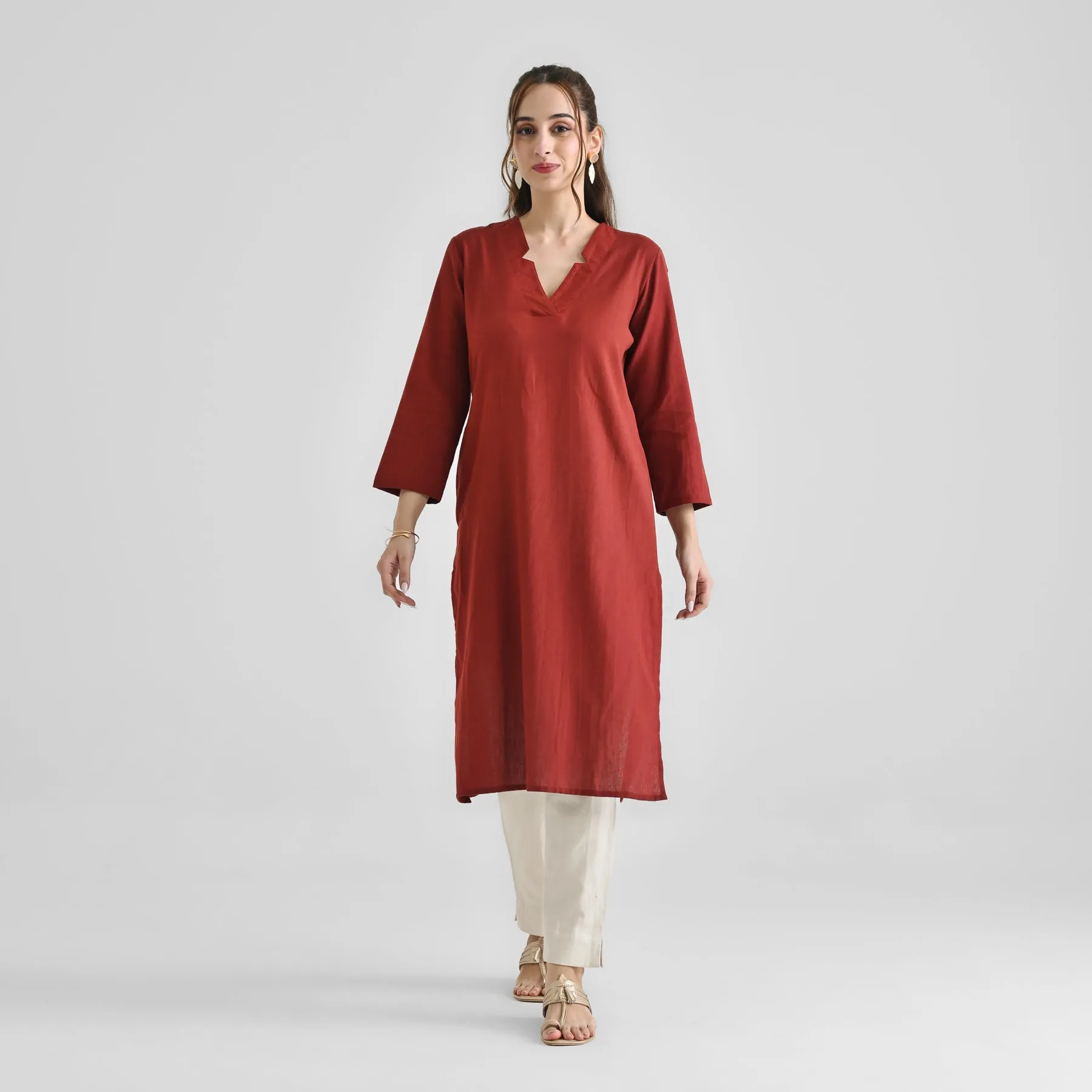 Brown Linen Cotton Kurta with Notch V Neckline Detail