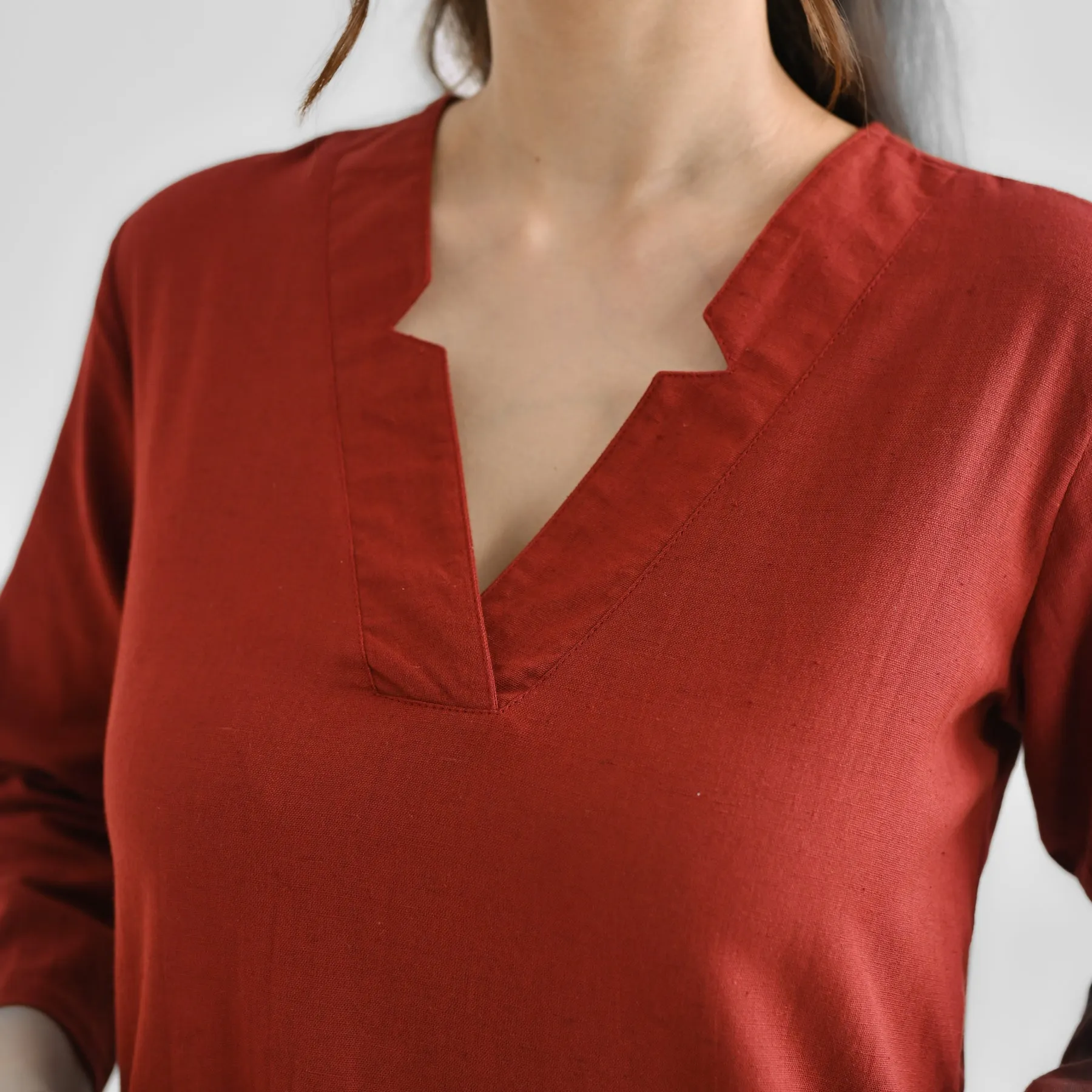 Brown Linen Cotton Kurta with Notch V Neckline Detail