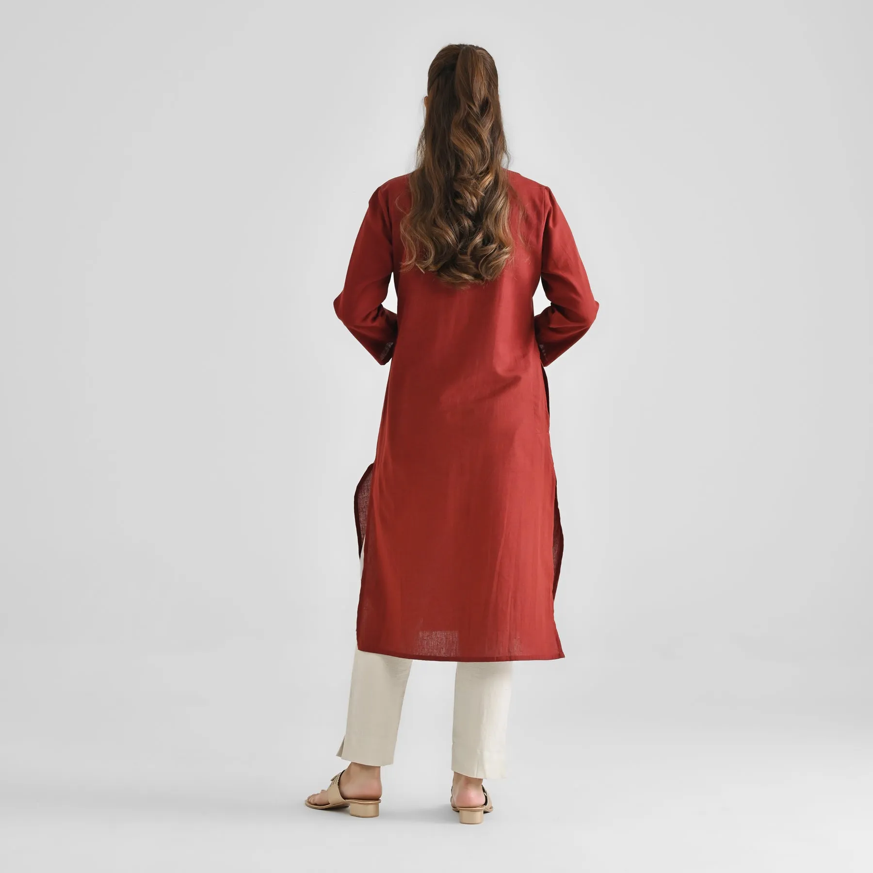 Brown Linen Cotton Kurta with Notch V Neckline Detail