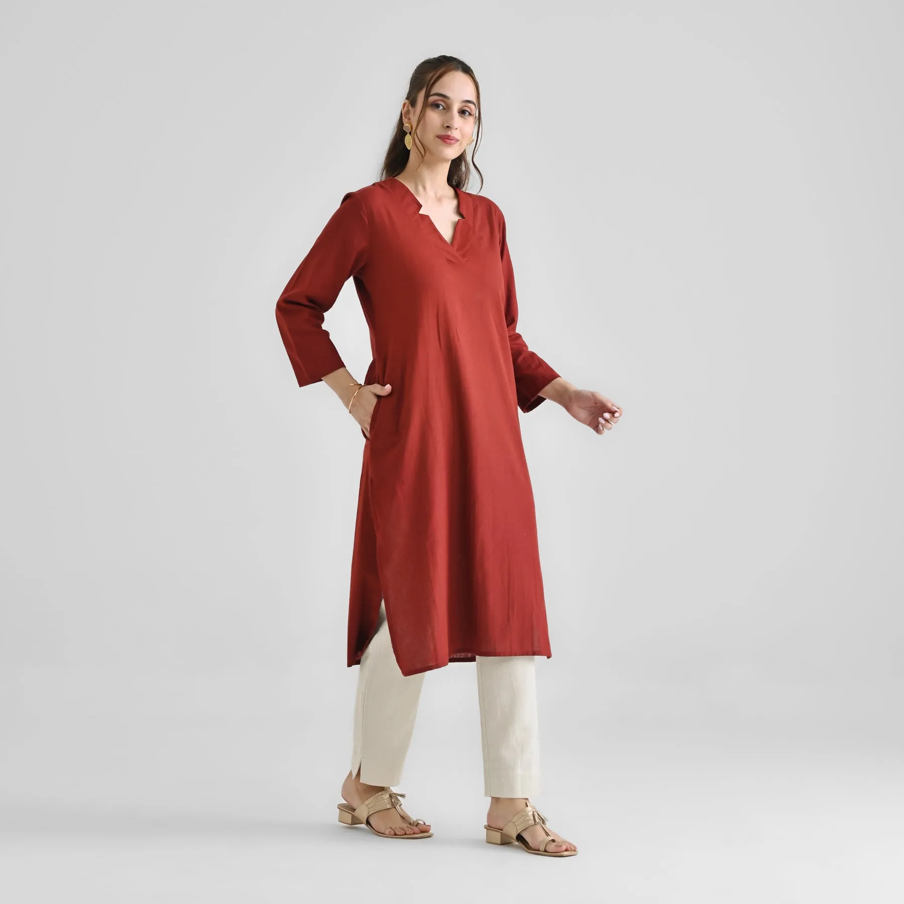 Brown Linen Cotton Kurta with Notch V Neckline Detail