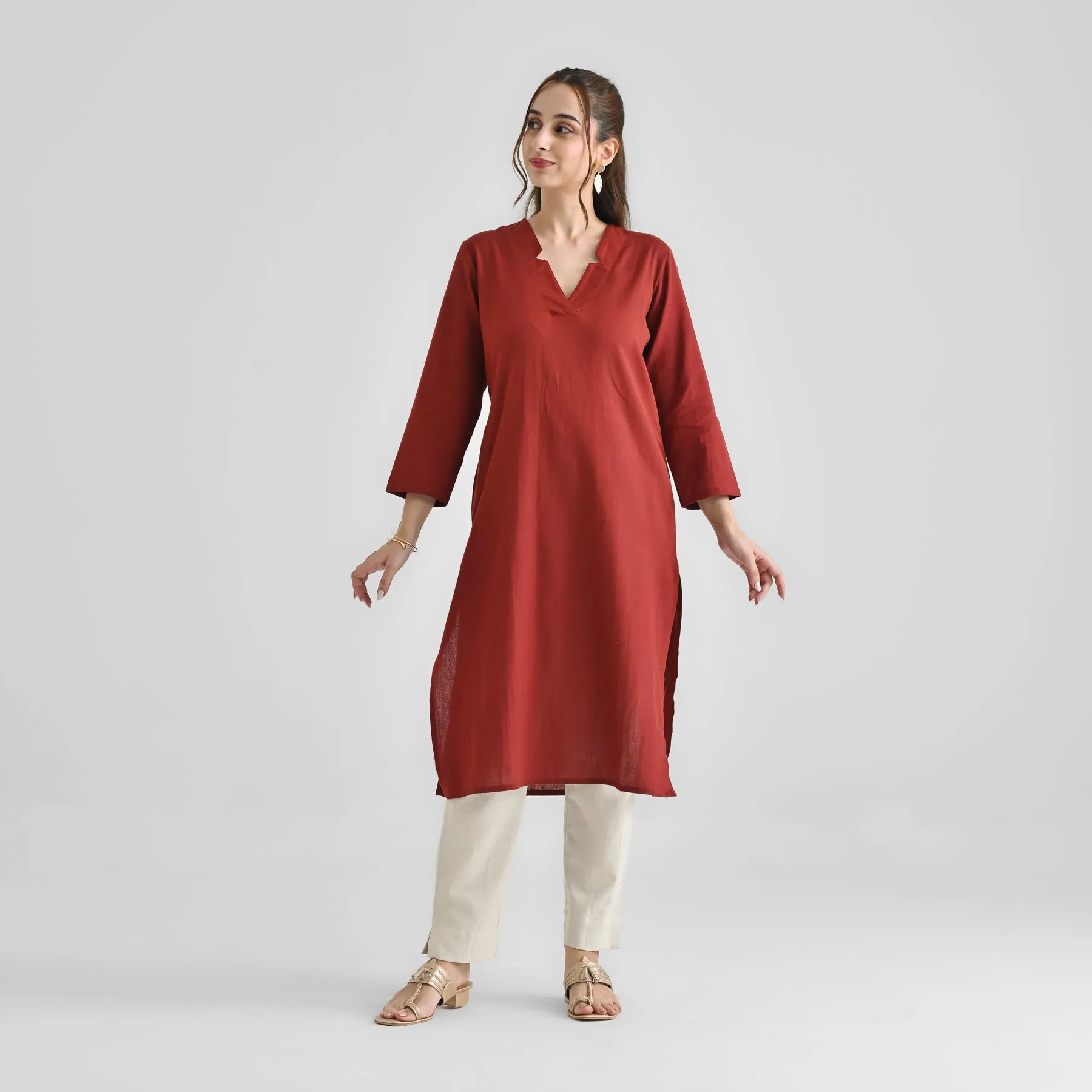 Brown Linen Cotton Kurta with Notch V Neckline Detail