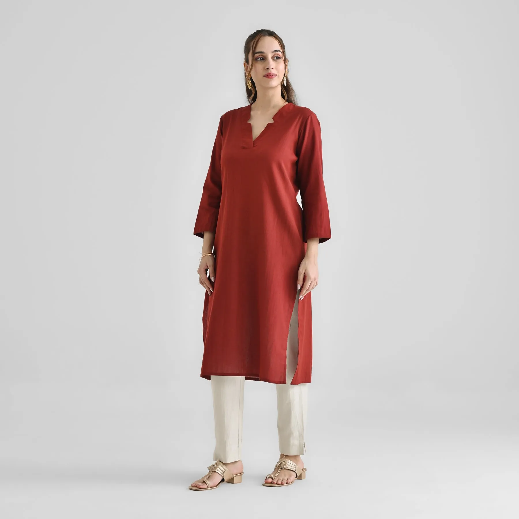 Brown Linen Cotton Kurta with Notch V Neckline Detail