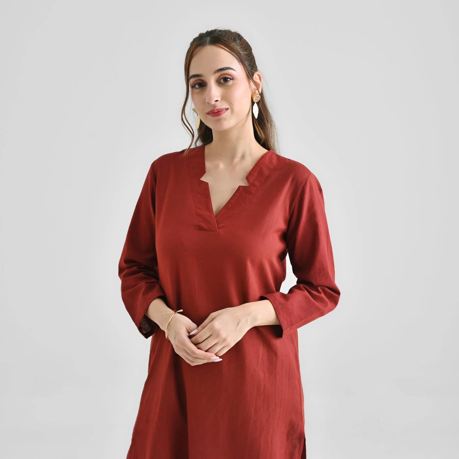 Brown Linen Cotton Kurta with Notch V Neckline Detail