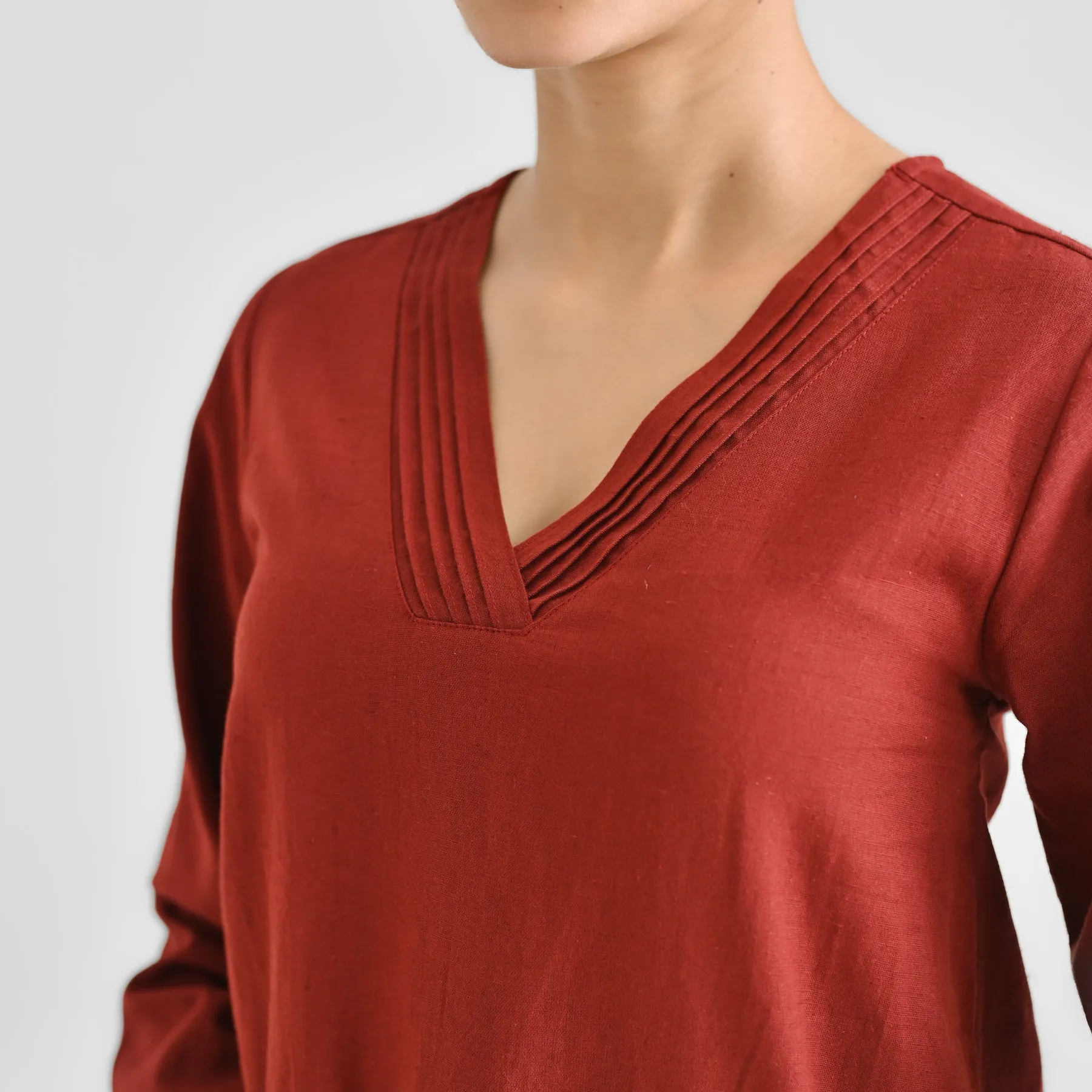 Brown Linen Cotton Tunic with Pintuck V Neckline & Sleeve Detail