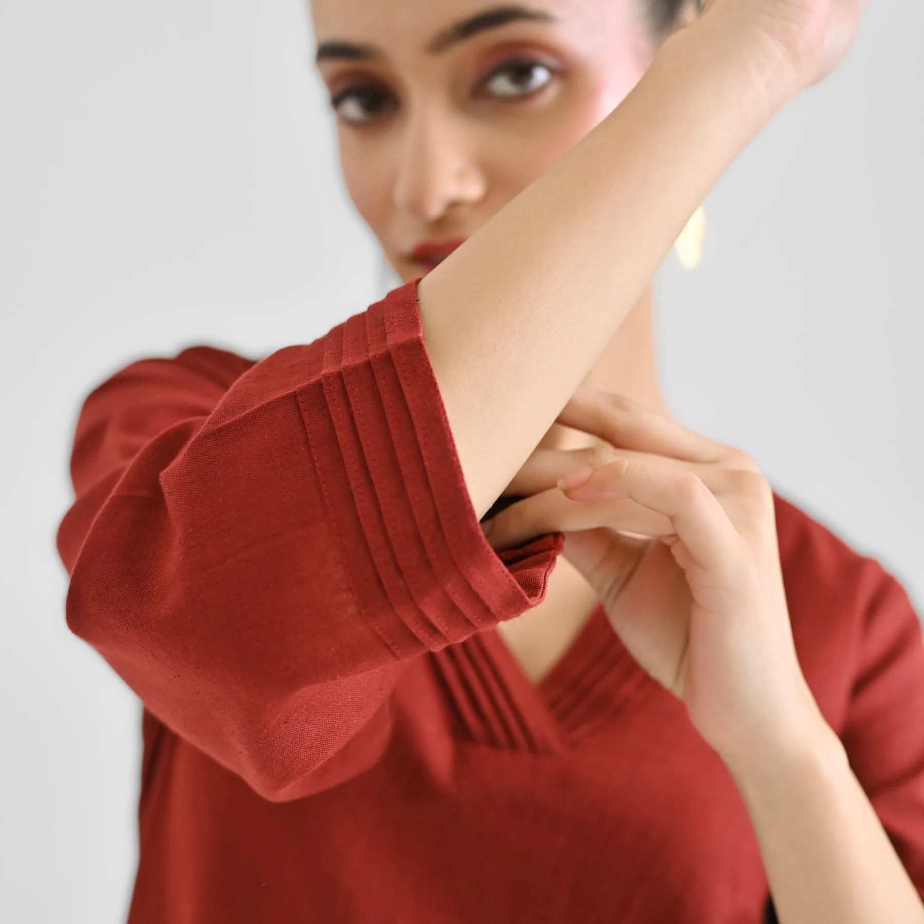 Brown Linen Cotton Tunic with Pintuck V Neckline & Sleeve Detail