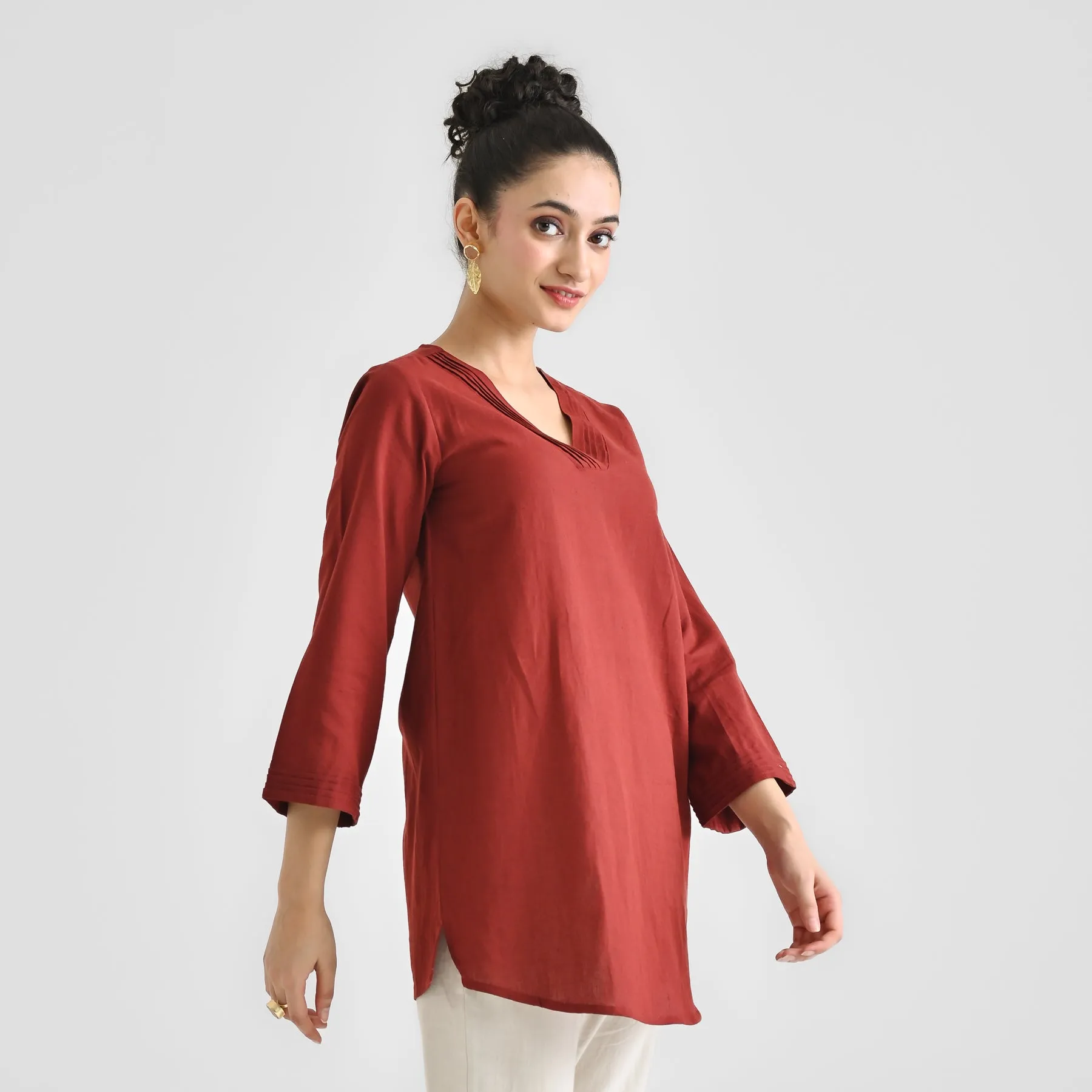 Brown Linen Cotton Tunic with Pintuck V Neckline & Sleeve Detail