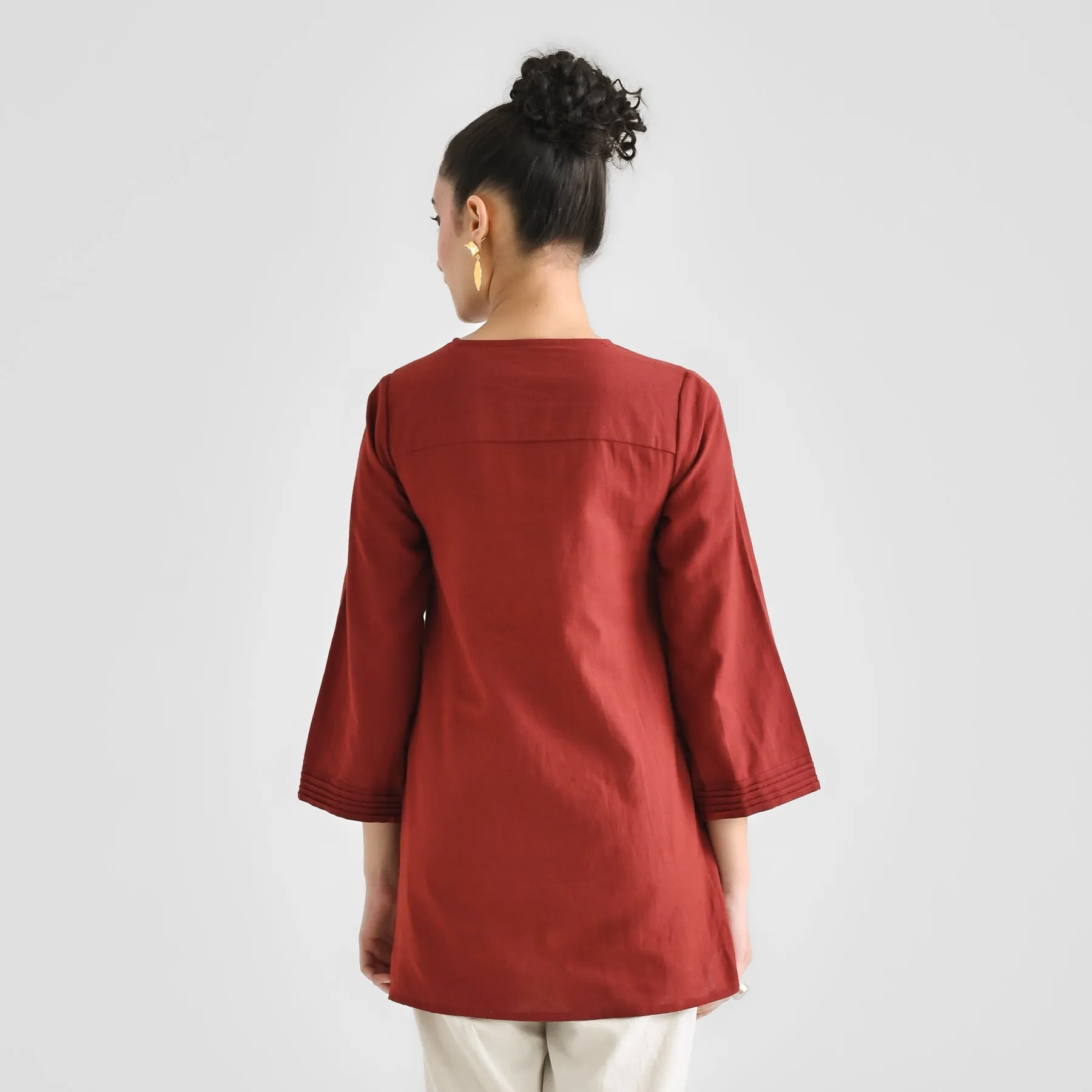 Brown Linen Cotton Tunic with Pintuck V Neckline & Sleeve Detail