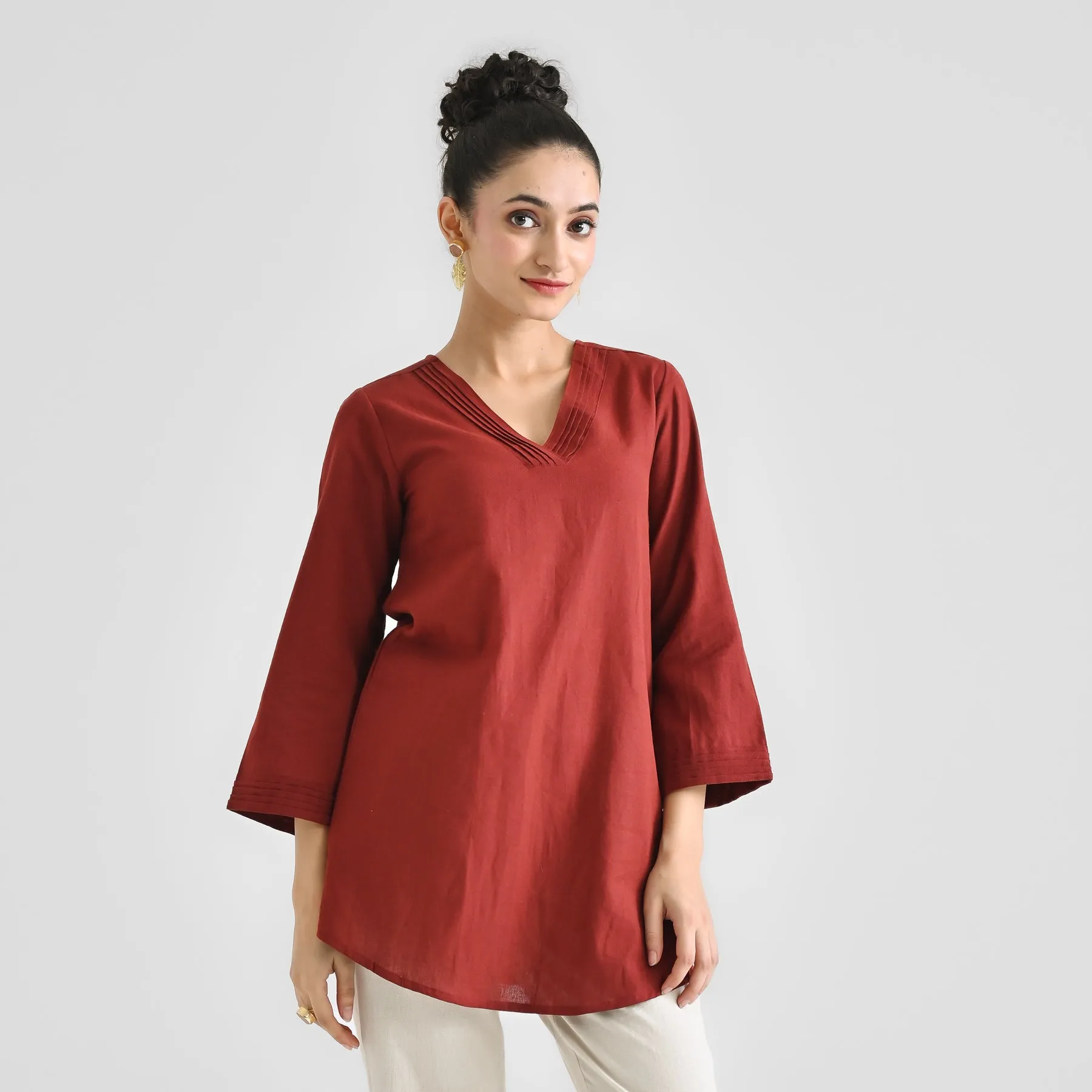 Brown Linen Cotton Tunic with Pintuck V Neckline & Sleeve Detail
