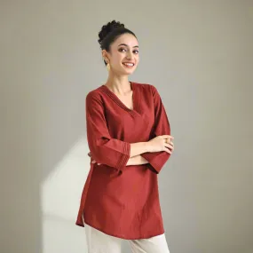 Brown Linen Cotton Tunic with Pintuck V Neckline & Sleeve Detail