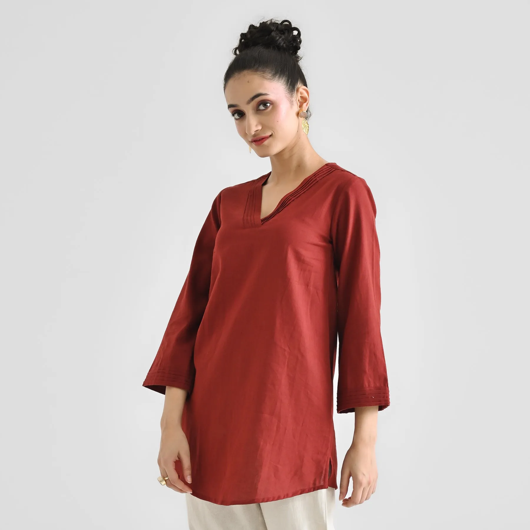 Brown Linen Cotton Tunic with Pintuck V Neckline & Sleeve Detail