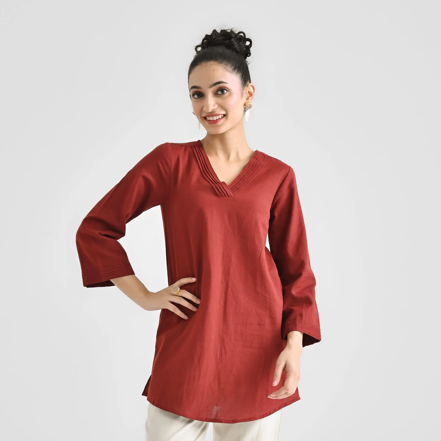 Brown Linen Cotton Tunic with Pintuck V Neckline & Sleeve Detail