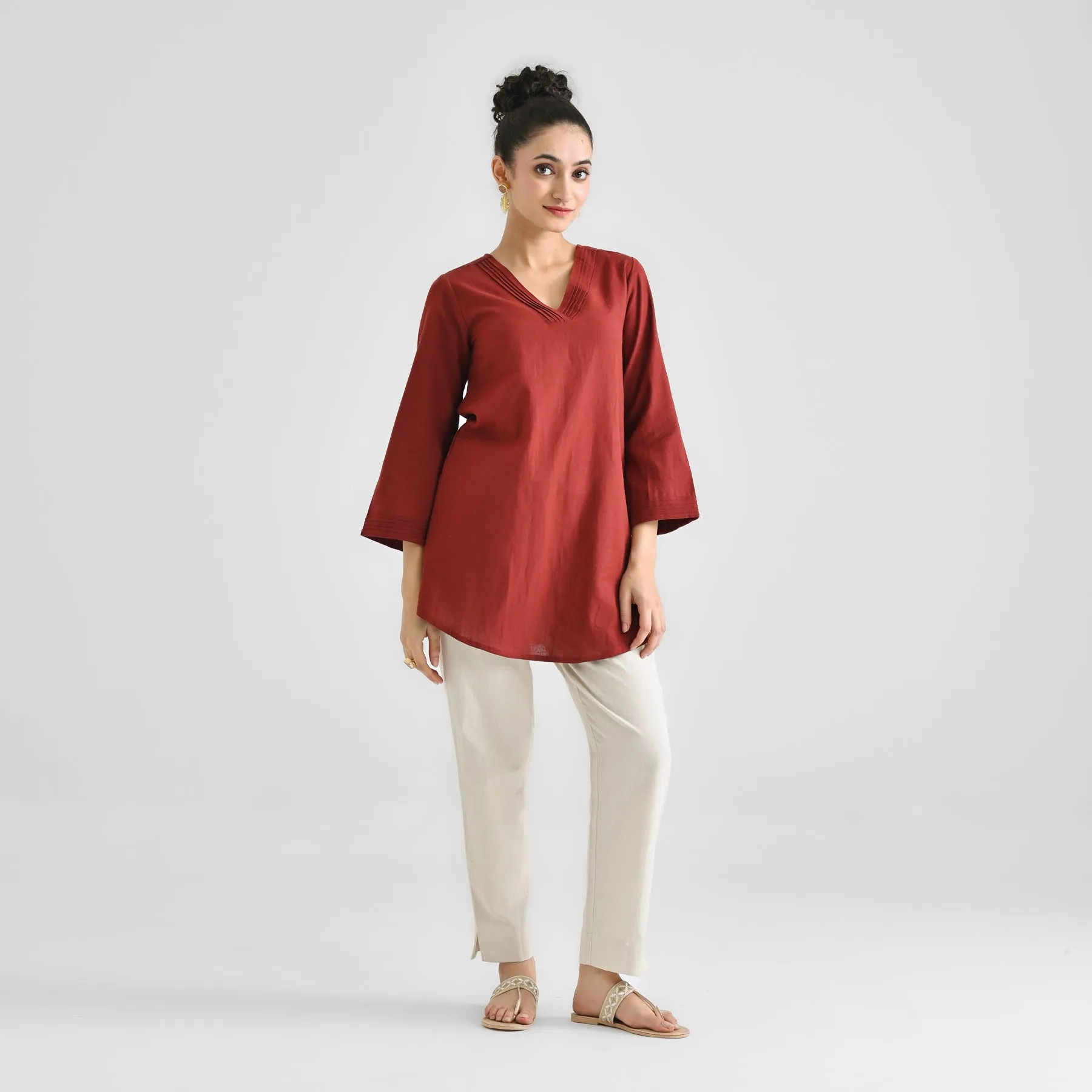 Brown Linen Cotton Tunic with Pintuck V Neckline & Sleeve Detail