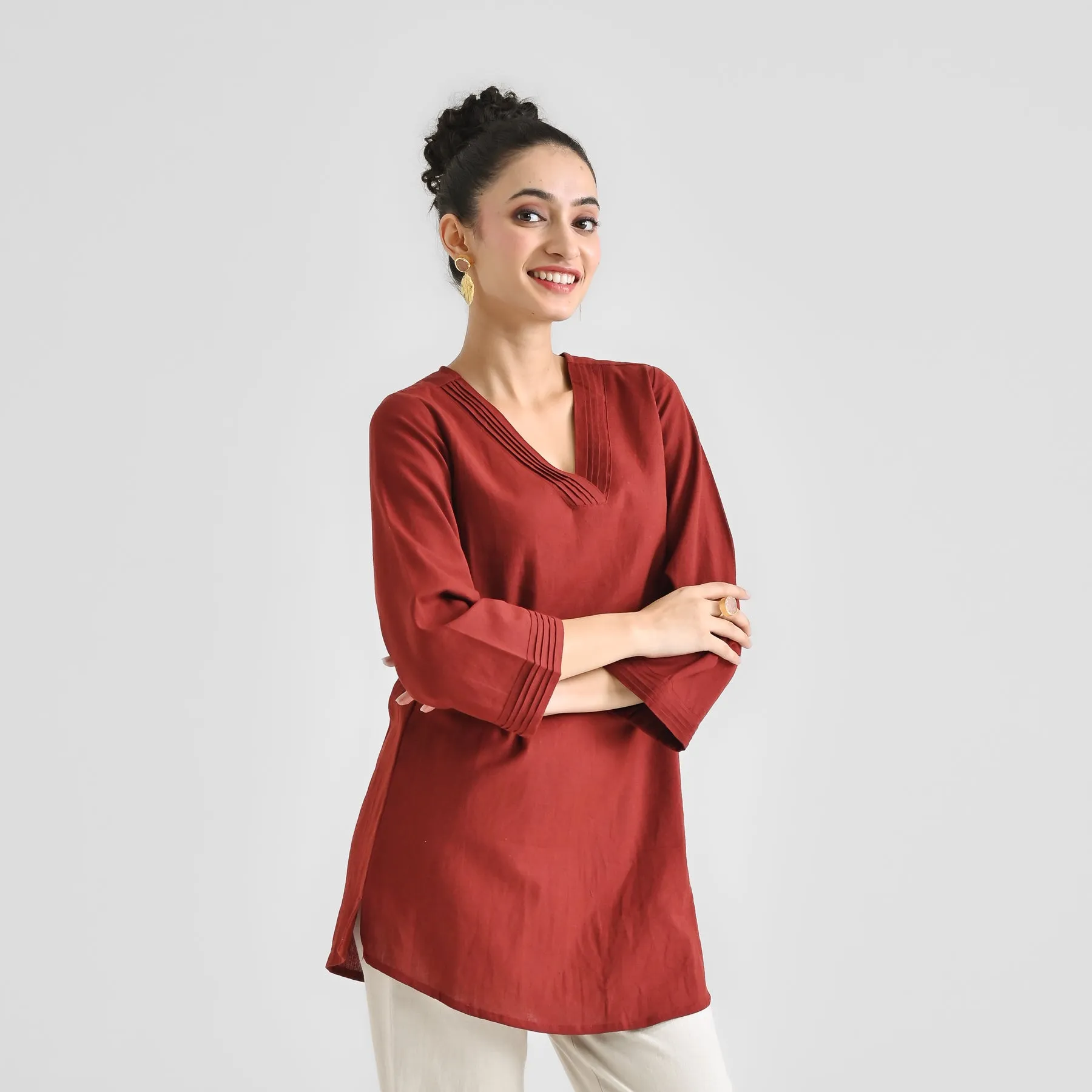 Brown Linen Cotton Tunic with Pintuck V Neckline & Sleeve Detail