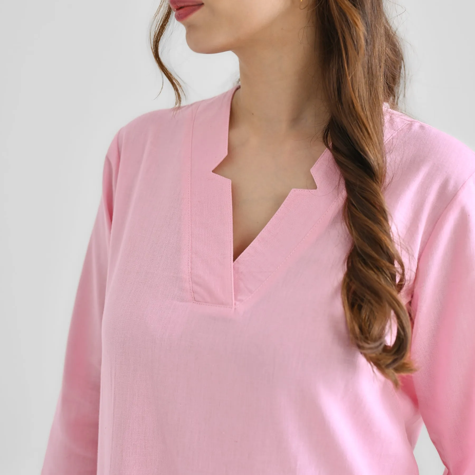 Candy Pink Linen Cotton Kurta with Notch V Neckline Detail