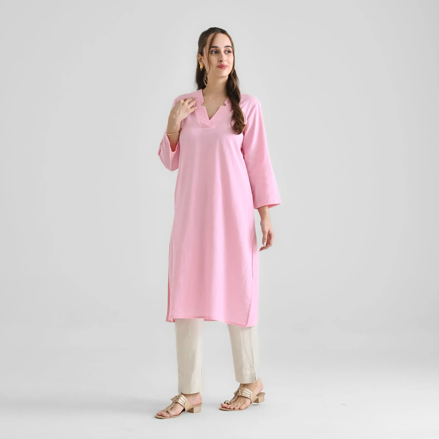 Candy Pink Linen Cotton Kurta with Notch V Neckline Detail