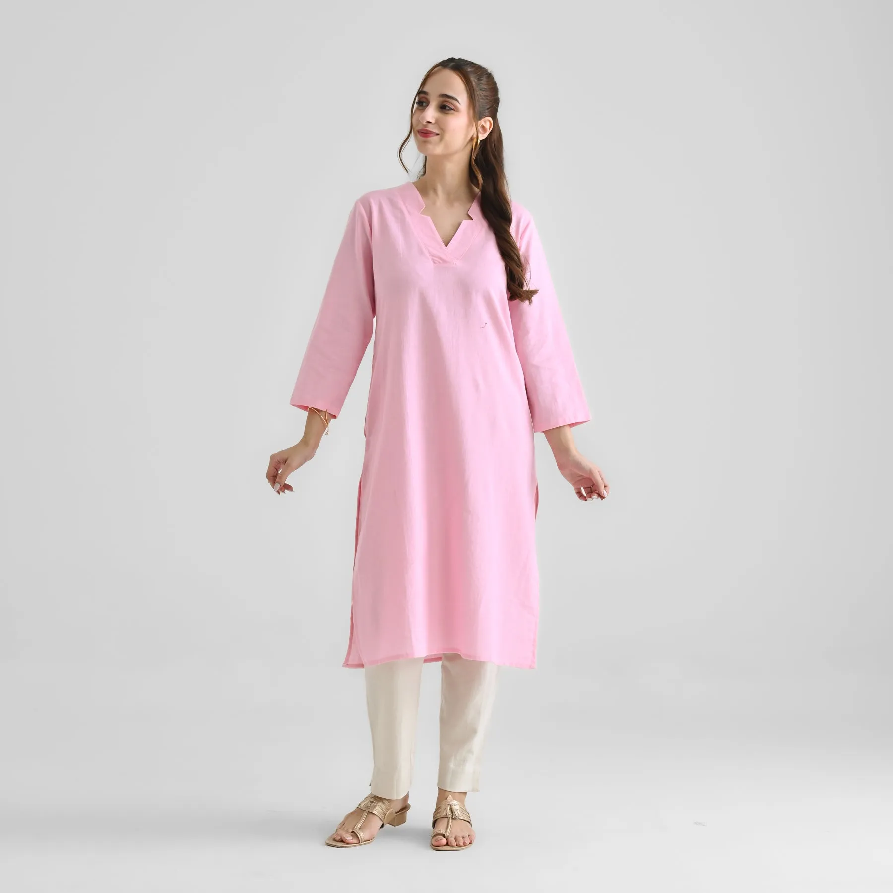 Candy Pink Linen Cotton Kurta with Notch V Neckline Detail