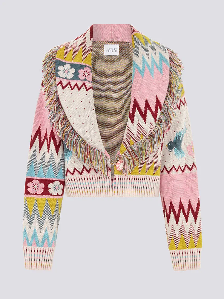 Charming Birds Merino Jacquard Fringe Bomber Cardigan