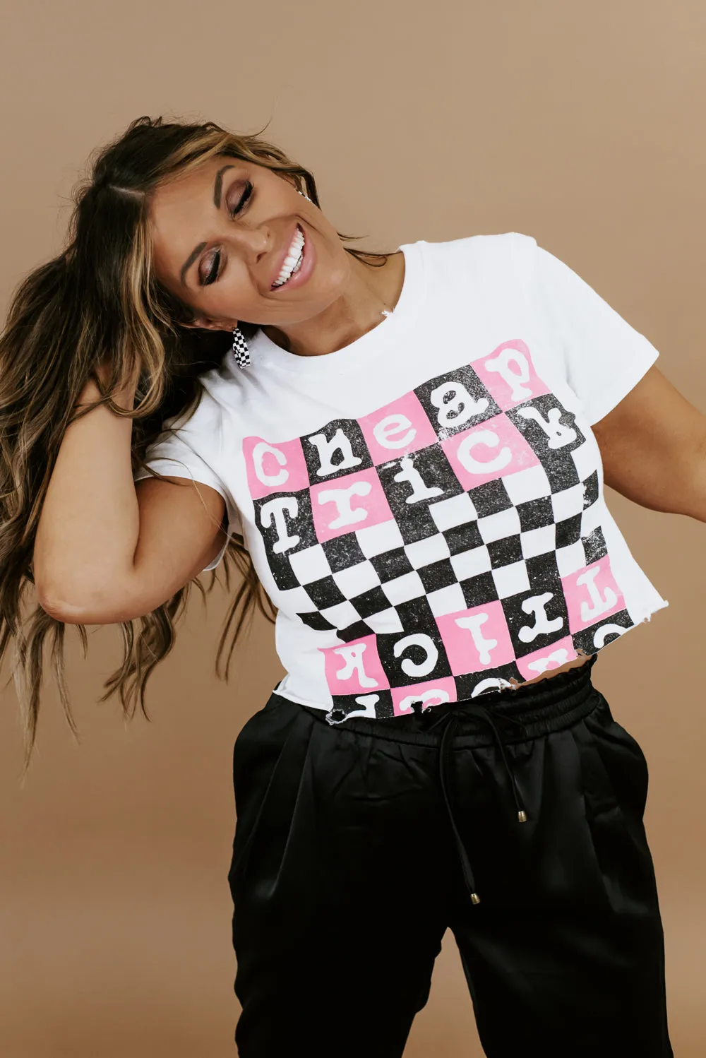 Check Trick Checkered Crop , White