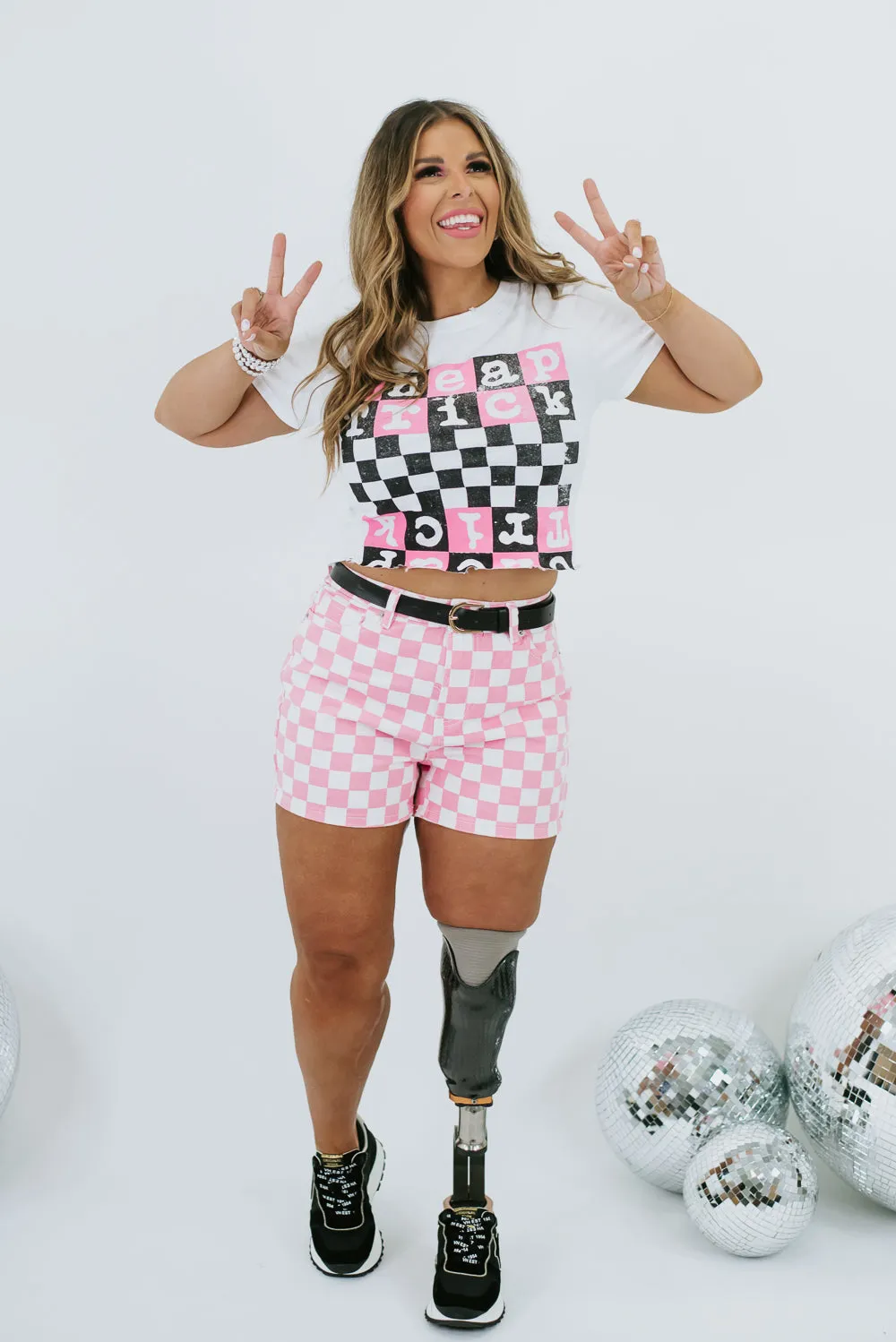 Check Trick Checkered Crop , White